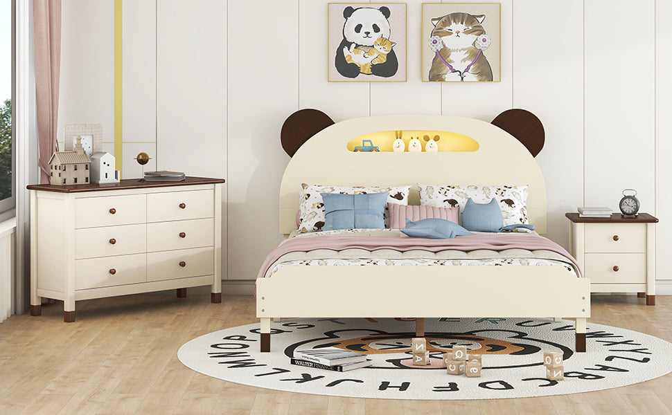 3-Pieces Bedroom Sets Full Size Bear-Shape Platform Bed with Nightstand and Storage dresser,Cream+Walnut