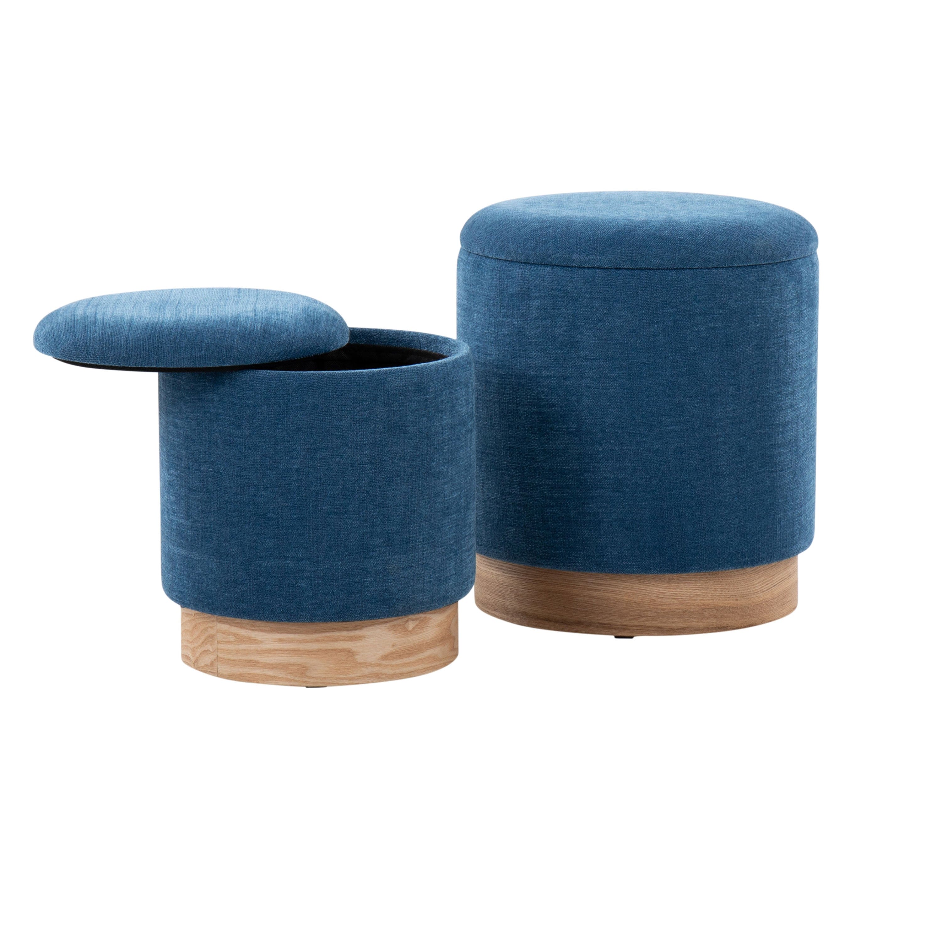 Marla Contemporary Nesting Ottoman Set in Natural Wood and Blue Fabric by LumiSource