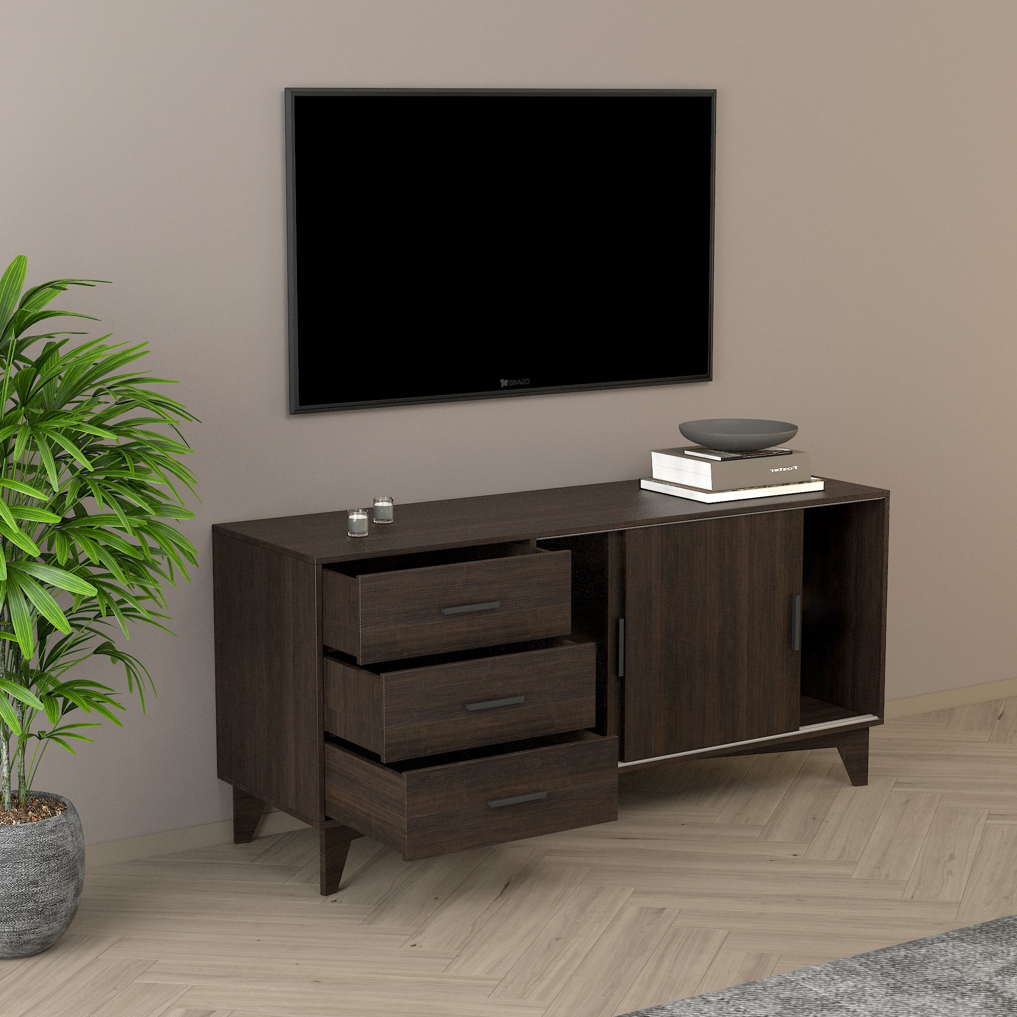 Parker TV Stand with Sliding Doors and Drawers in Dark Brown