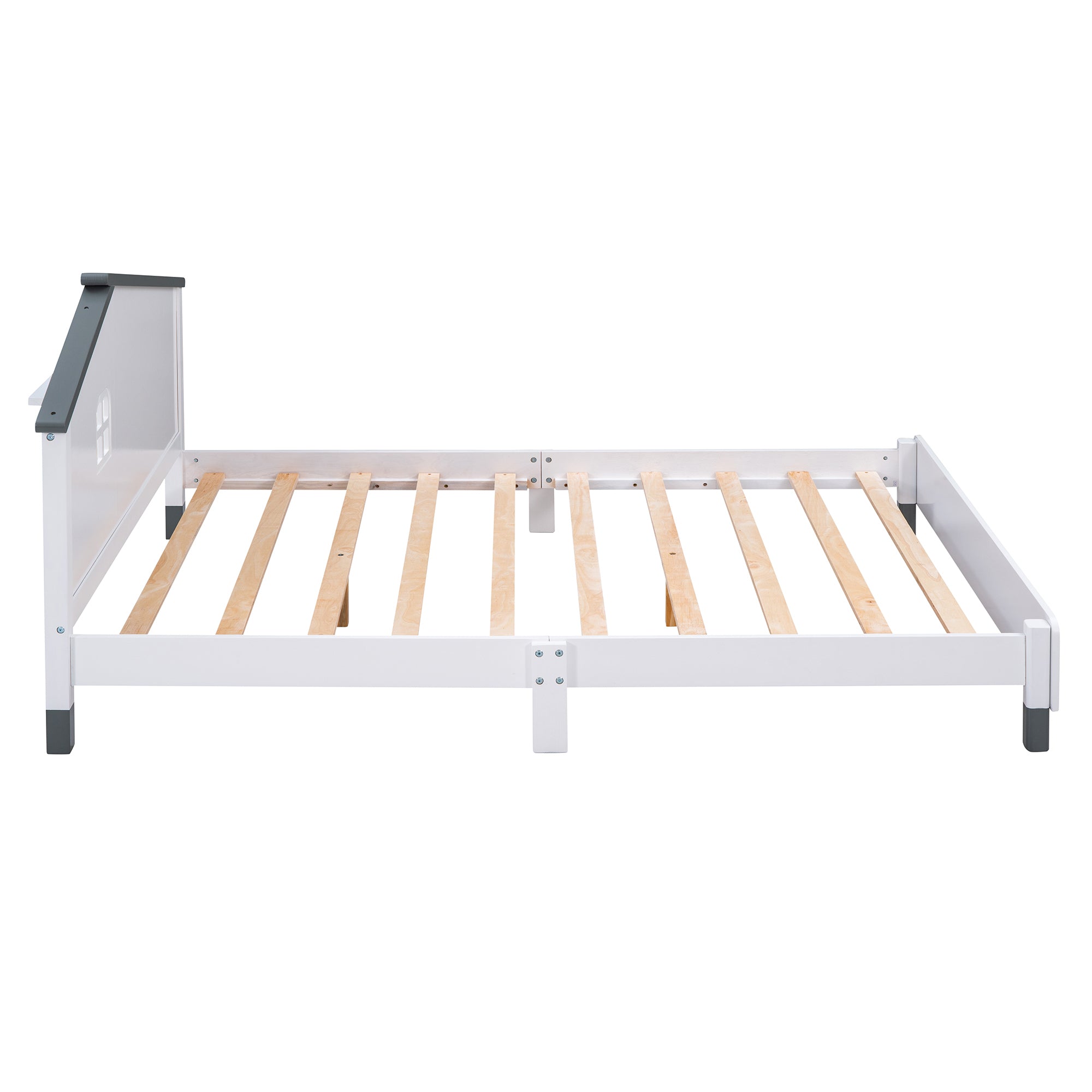 Full Size Wood Platform Bed with House-shaped Headboard  (White+Gray)