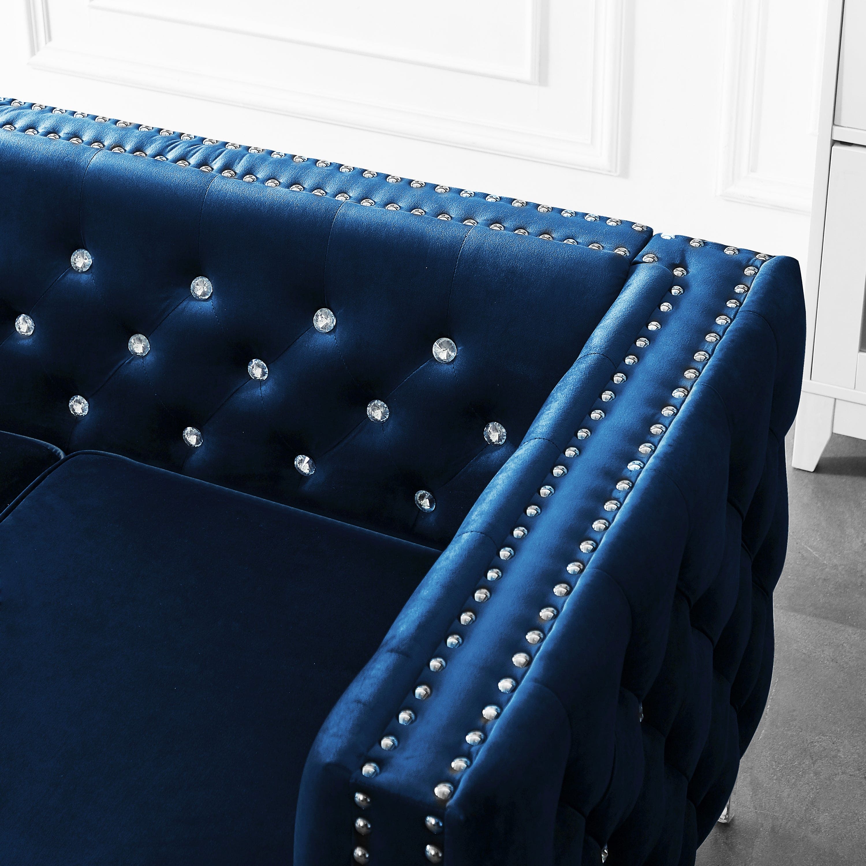 59.4 Inch Wide Blue Velvet Sofa with Jeweled buttons,Square Arm ,2 Pillows