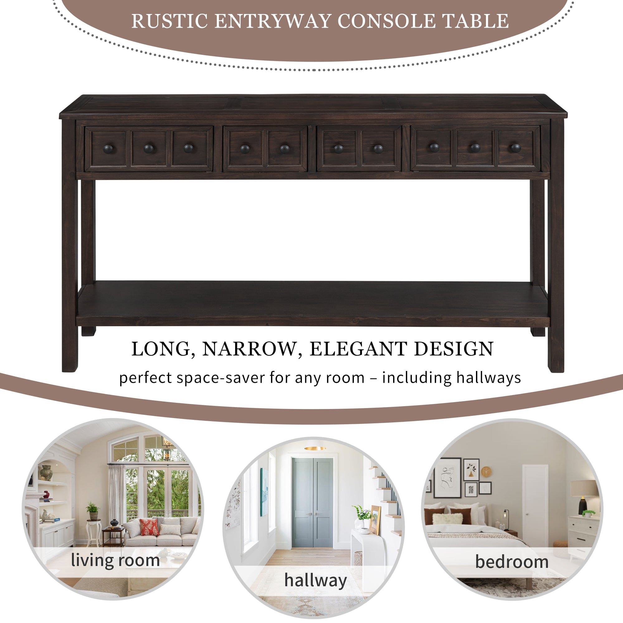 TREXM Rustic Entryway Console Table, 60" Long Sofa Table with two Different Size Drawers and Bottom Shelf for Storage (Espresso)