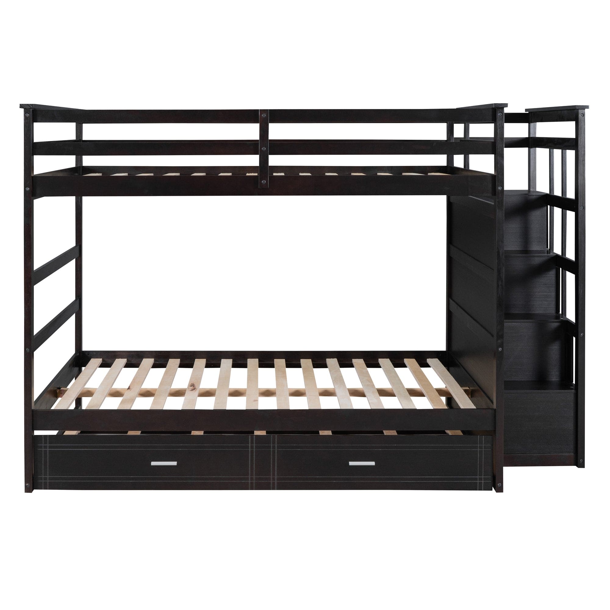 Full Over Full Bunk Bed with Twin Size Trundle and Staircase, Espresso