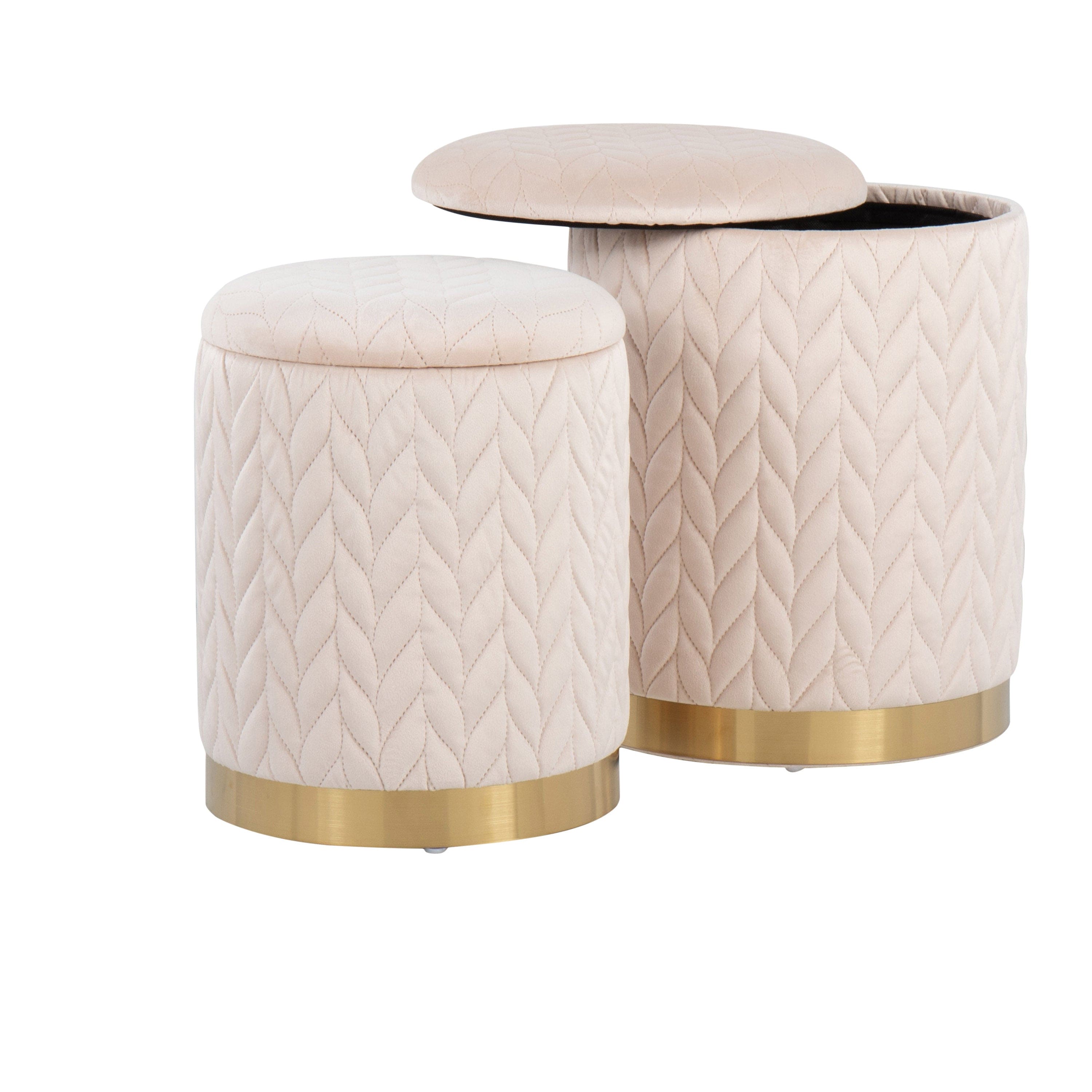 Marla Contemporary/Glam Quilted Ottoman Set in Gold Metal and Cream Velvet by LumiSource