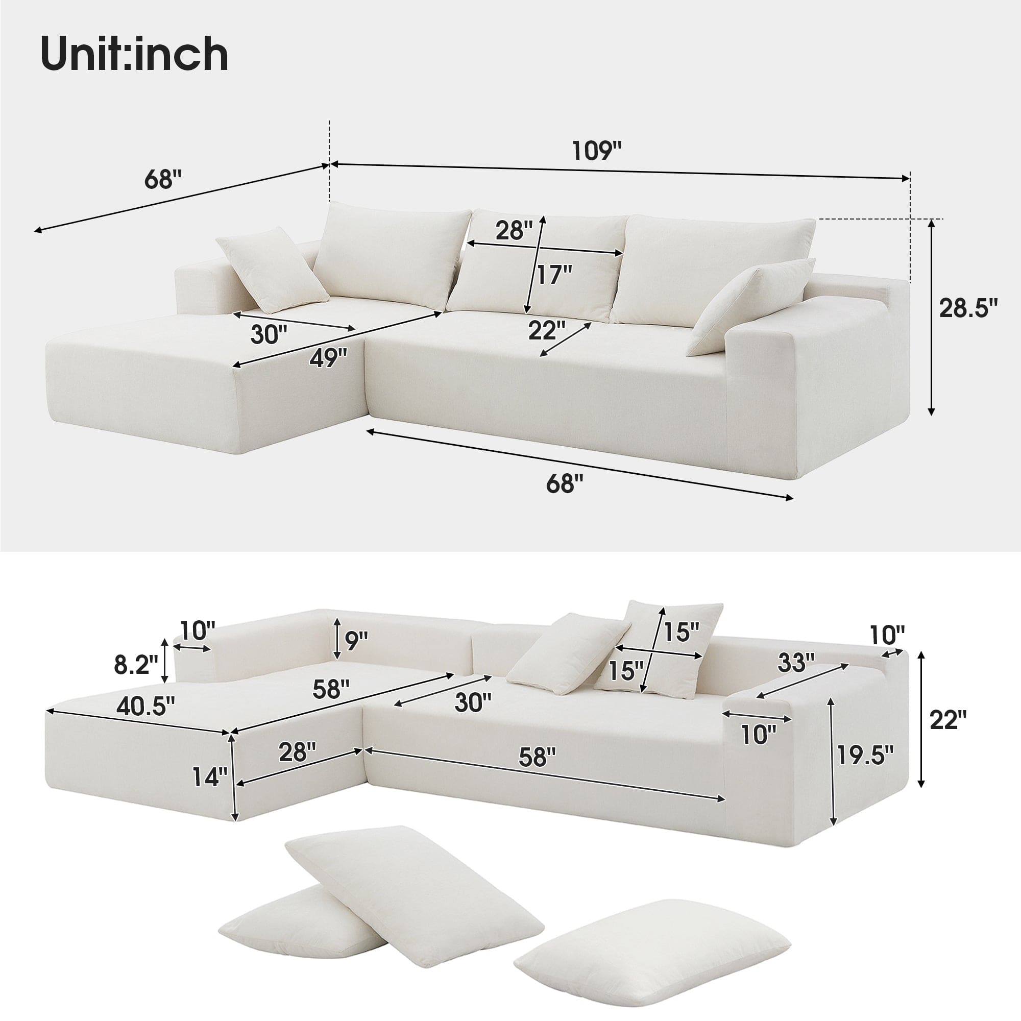 [VIDEO provided] [New] 109*68" Modular Sectional Living Room Sofa Set, Modern Minimalist Style Couch, Upholstered Sleeper Sofa for Living Room, Bedroom, Salon, 2 PC Free Combination, L-Shape, White