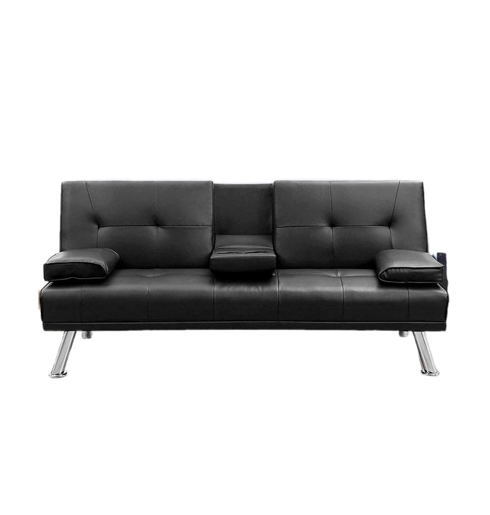 MEGA Futon Sofa Bed, Modern Faux Leather Convertible Folding Lounge Sofa for Living Room with 2 Cup Holders Removable Soft Armrests and Sturdy Metal Legs, Charming Black.