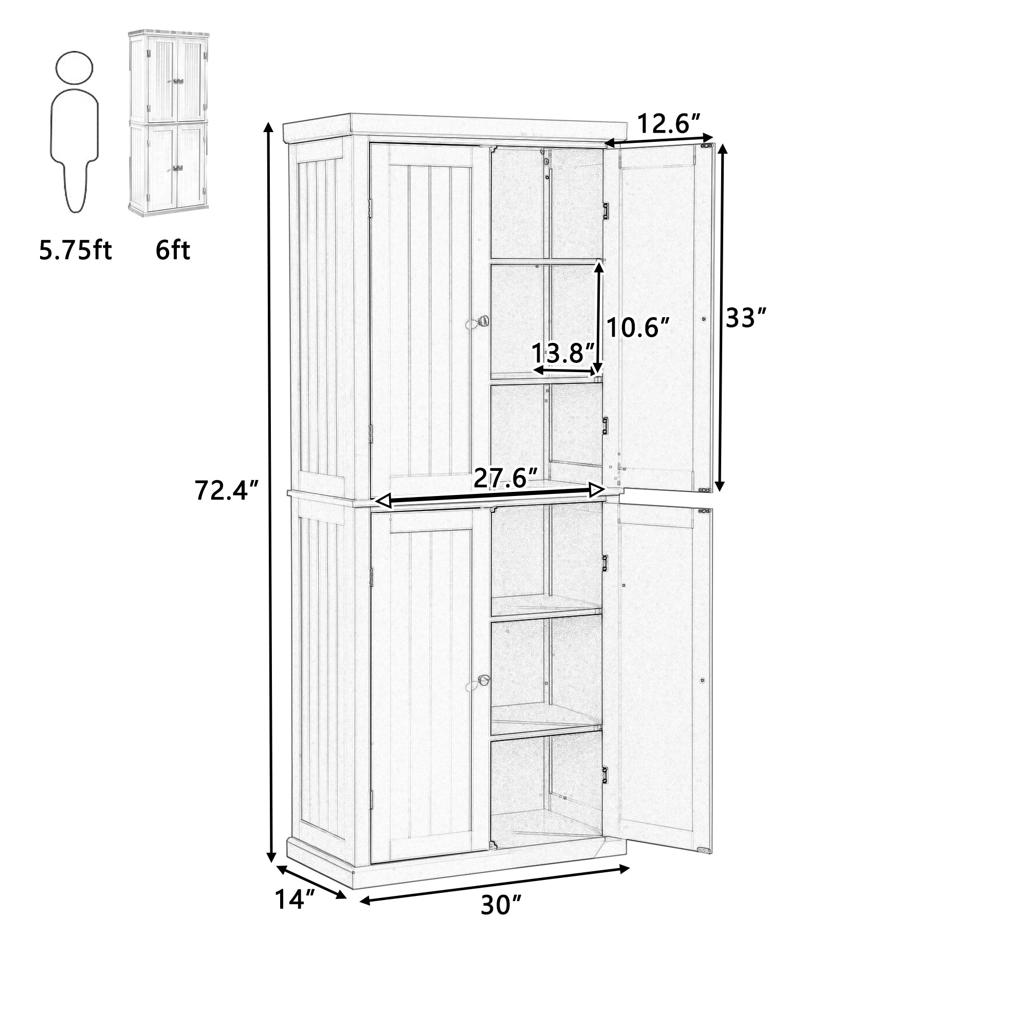 TOPMAX Freestanding Tall Kitchen Pantry, 72.4" Minimalist Kitchen Storage Cabinet Organizer with 4 Doors and Adjustable Shelves,Gray