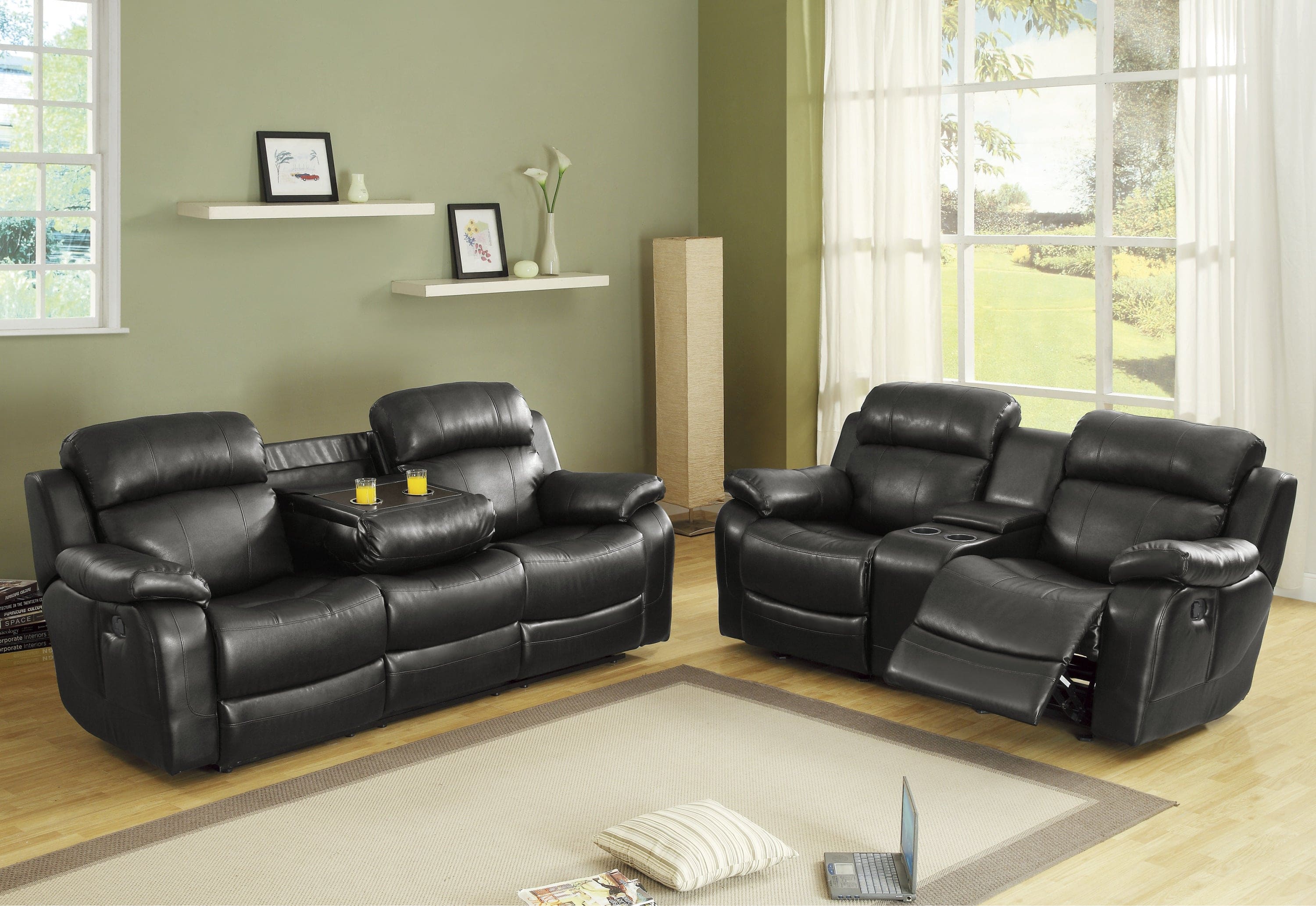 Contemporary Black Faux Leather Upholstered 1pc Double Reclining Sofa w/ Center Drop-Down Cup Holder Living Room Furniture