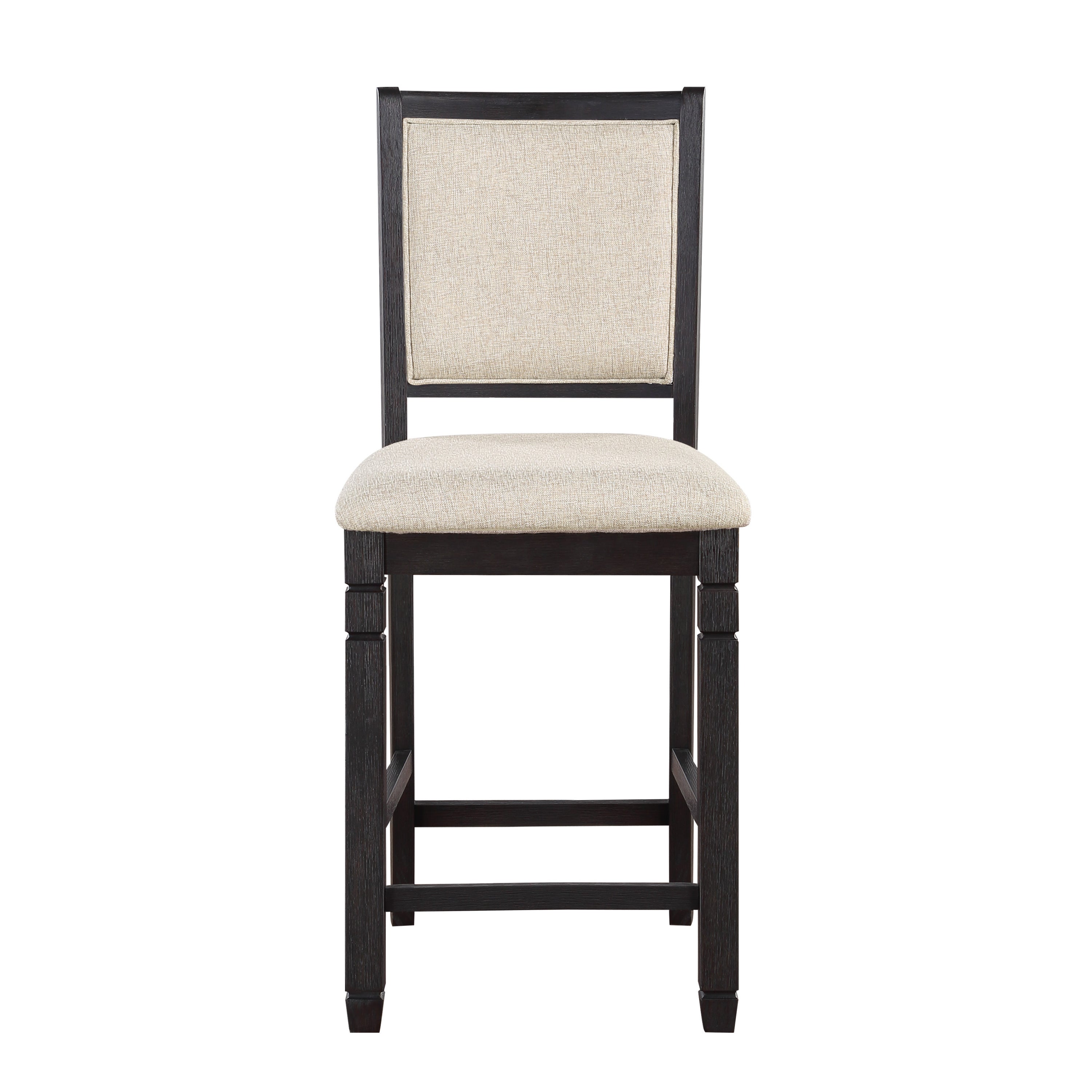 Beautiful Black Finish Wooden Counter Height Chairs 2pcs Set Beige Color Textured Fabric Upholstered Dining Chairs