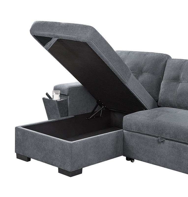 Toby Gray Woven Fabric Reversible Sleeper Sectional Sofa with Storage Chaise Cup Holder USB Ports and Pockets