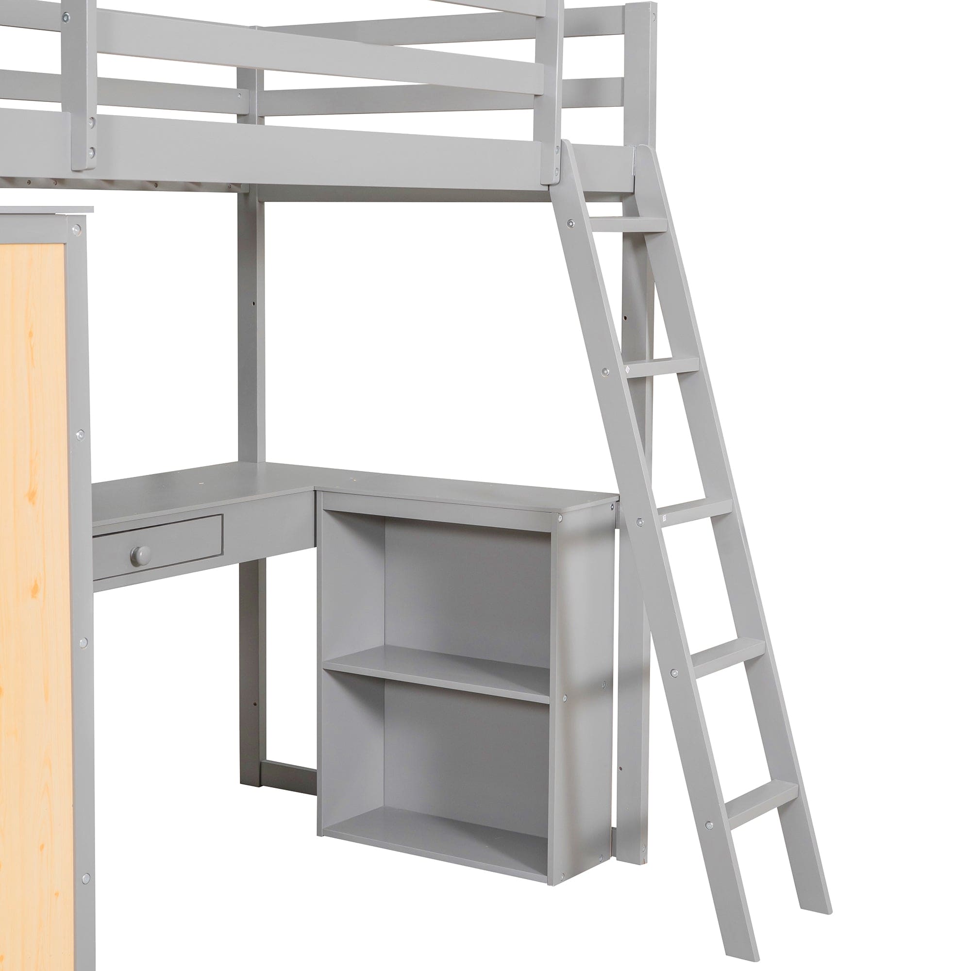 Twin Size Loft Bed with Ladder, Shelves, and Desk, Gray(LT100225AAE)