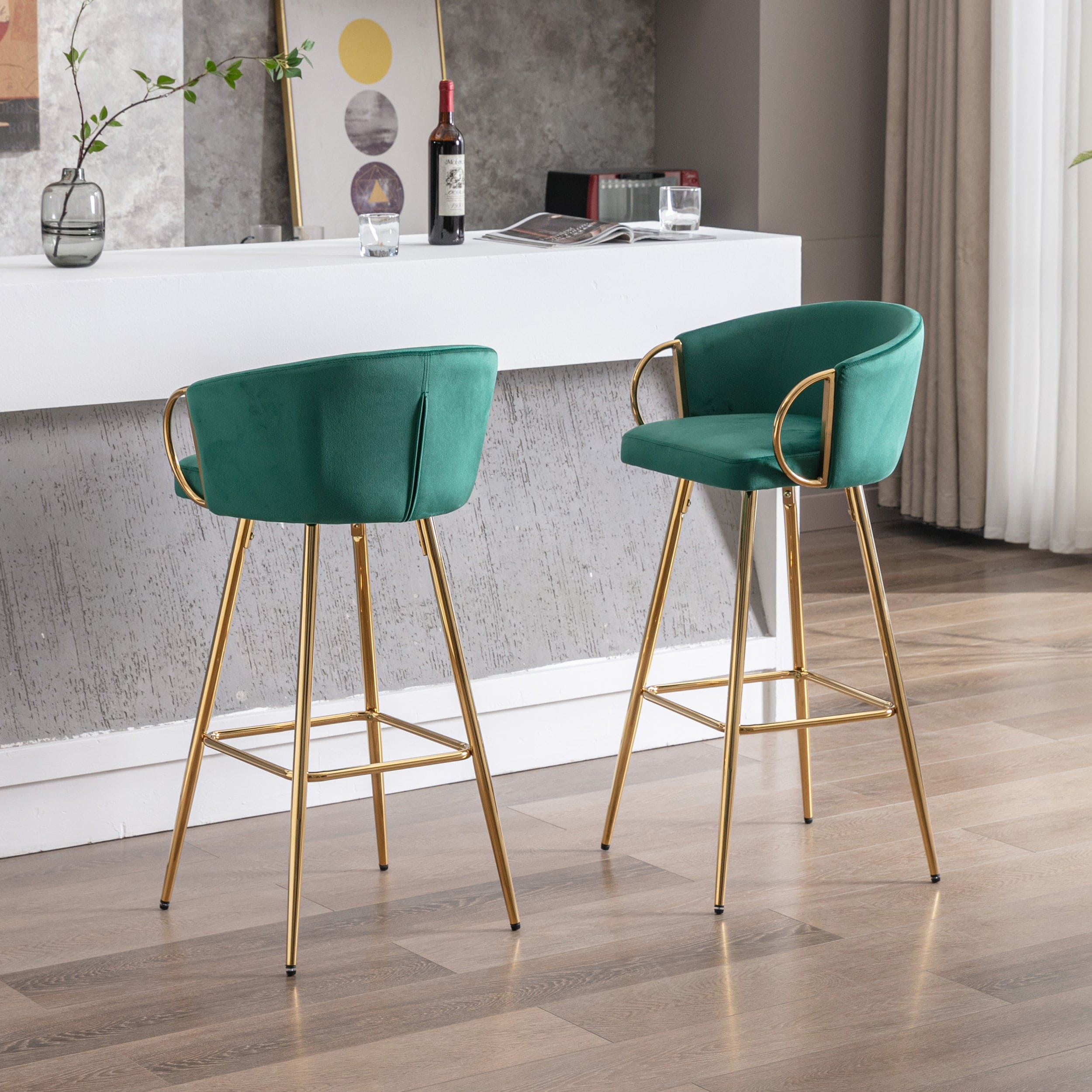 30 Inch Set of 2 Bar Stools,with Chrome Footrest and Base Velvet + Golden Leg Simple Bar Stool,GREEN