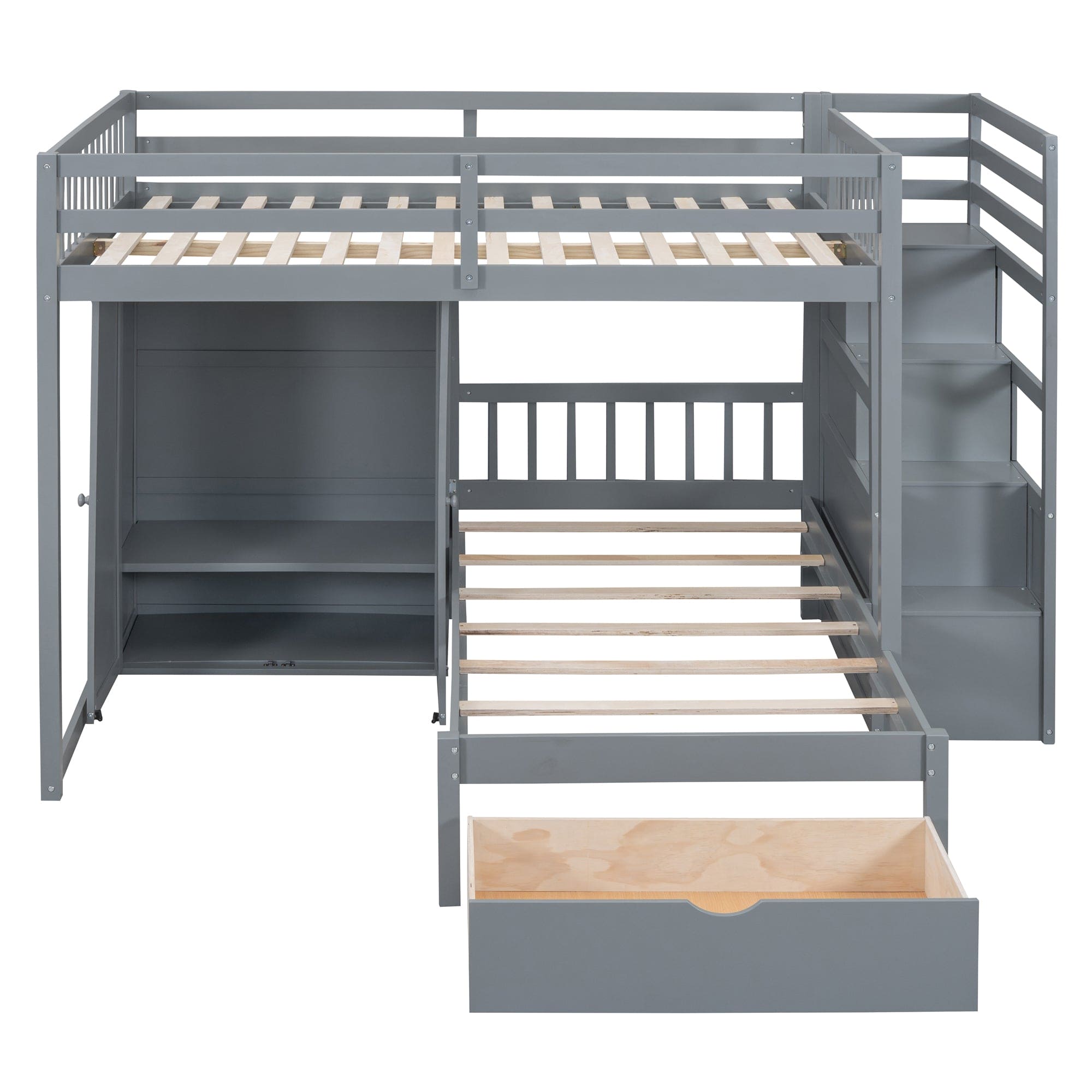 Full Over Twin Bunk Bed with Wardrobe, Drawers, Gray