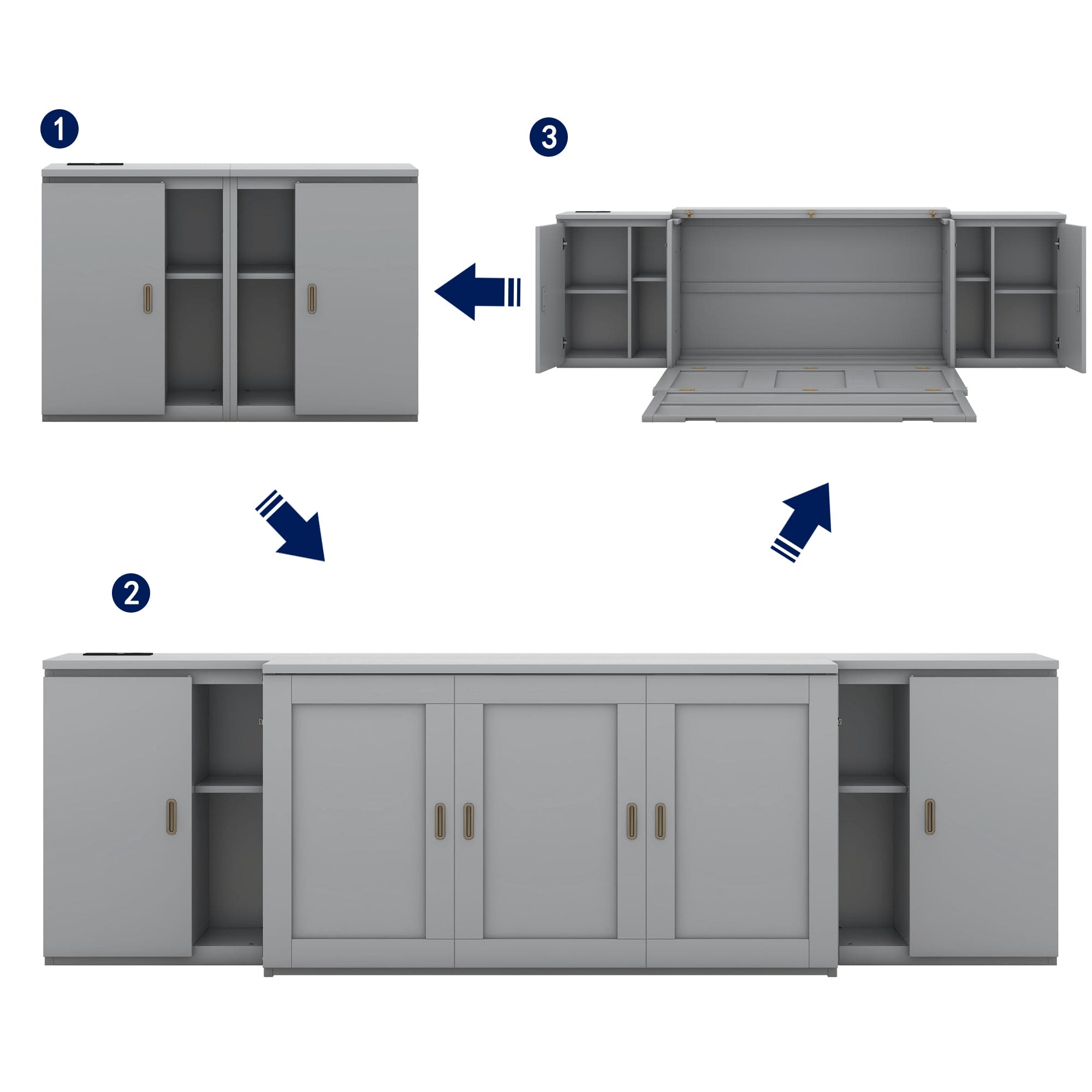 Queen Size Murphy Bed with Shelves, Cabinets and USB Ports,Gray