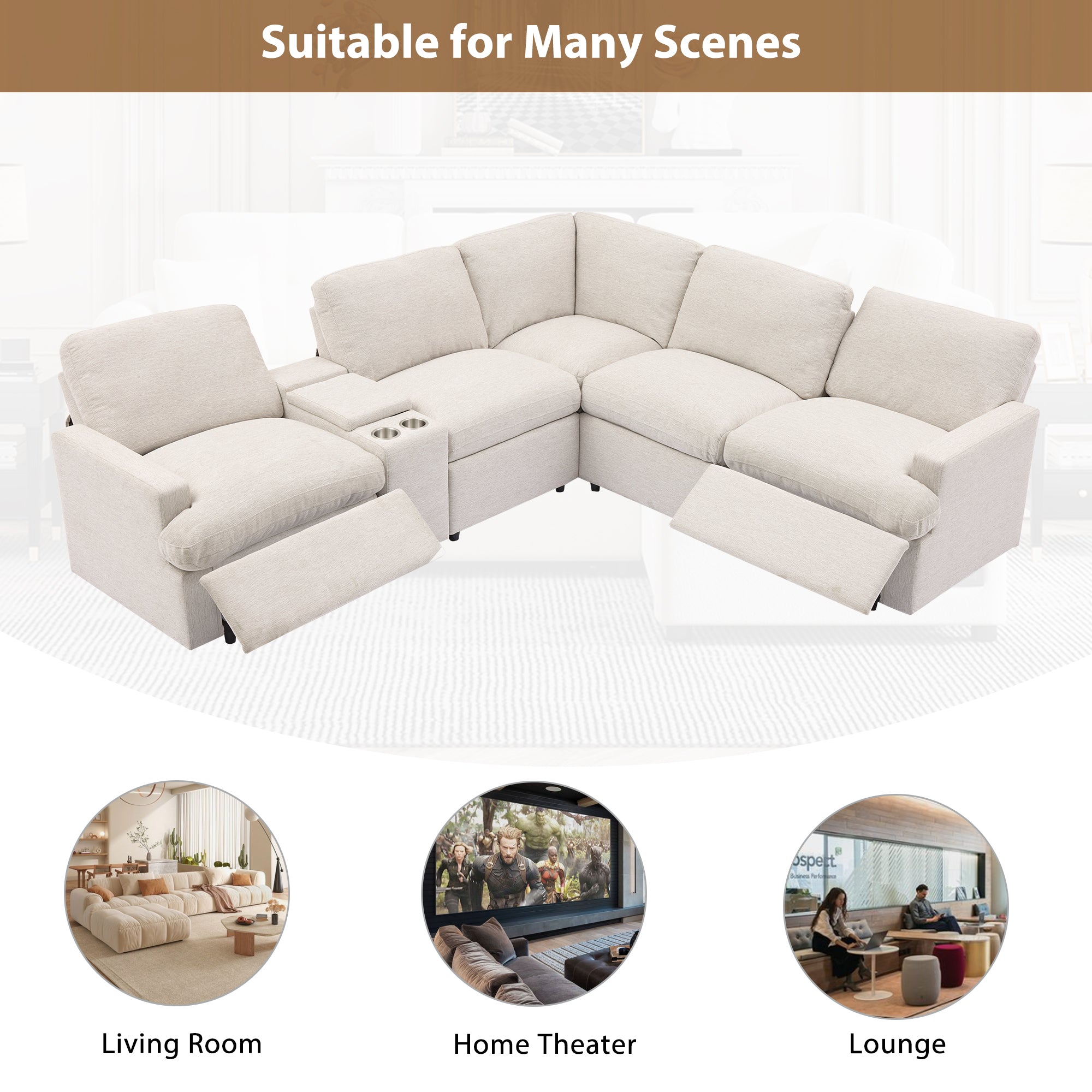 104'' Power Recliner Corner Sofa Home Theater Reclining Sofa Sectional Couches with Storage Box, Cup Holders, USB Ports and Power Socket for Living Room, Beige