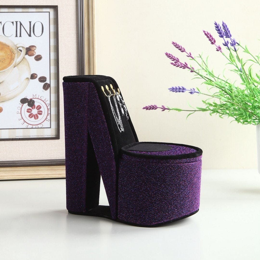 9" Tall Display Jewelry Box with Hooks, High Heel Shoe Design, Purple Velvet