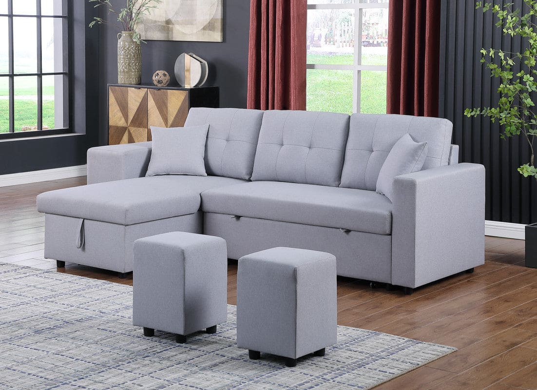 Dennis Light Gray Linen Fabric Reversible Sleeper Sectional with Storage Chaise and 2 Stools