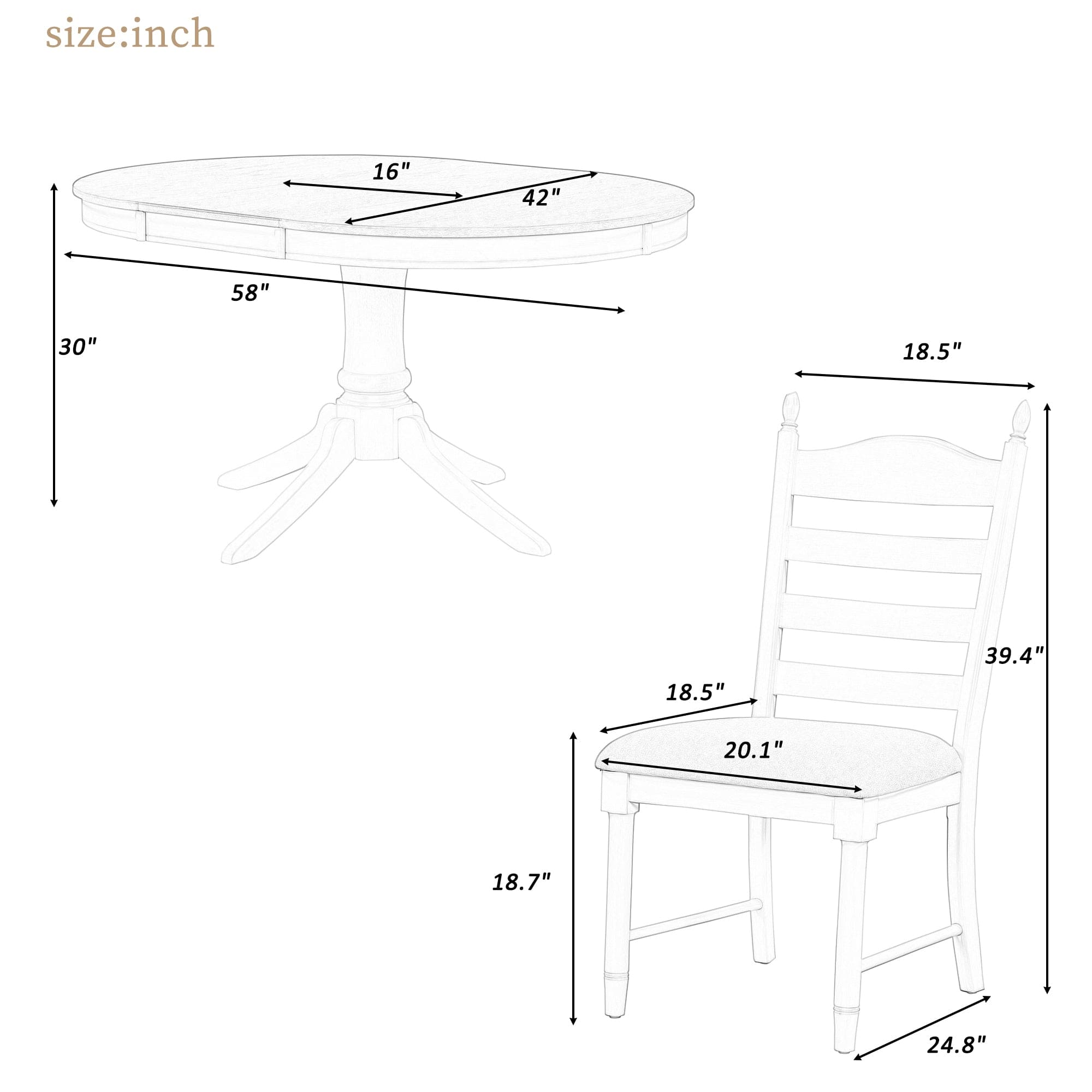 TREXM 5-Piece Retro Functional Dining Table Set Wood Round Extendable Dining Table and 4 Upholstered Dining Chairs (Antique White)