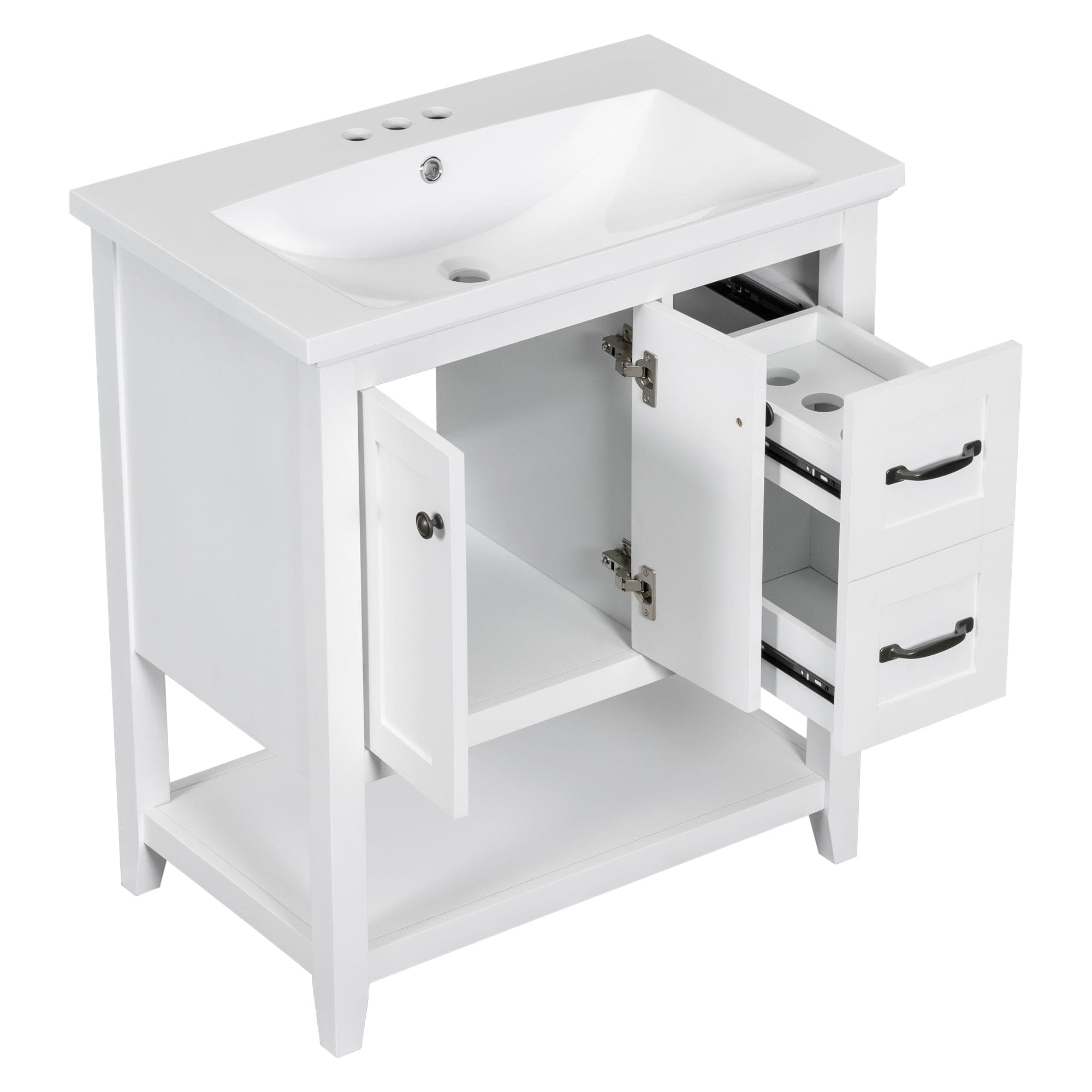 30" Bathroom Vanity with Ceramic Sink Top, Vanity Cabinet with Multi-Functional Drawer, Solid Wood Legs, White