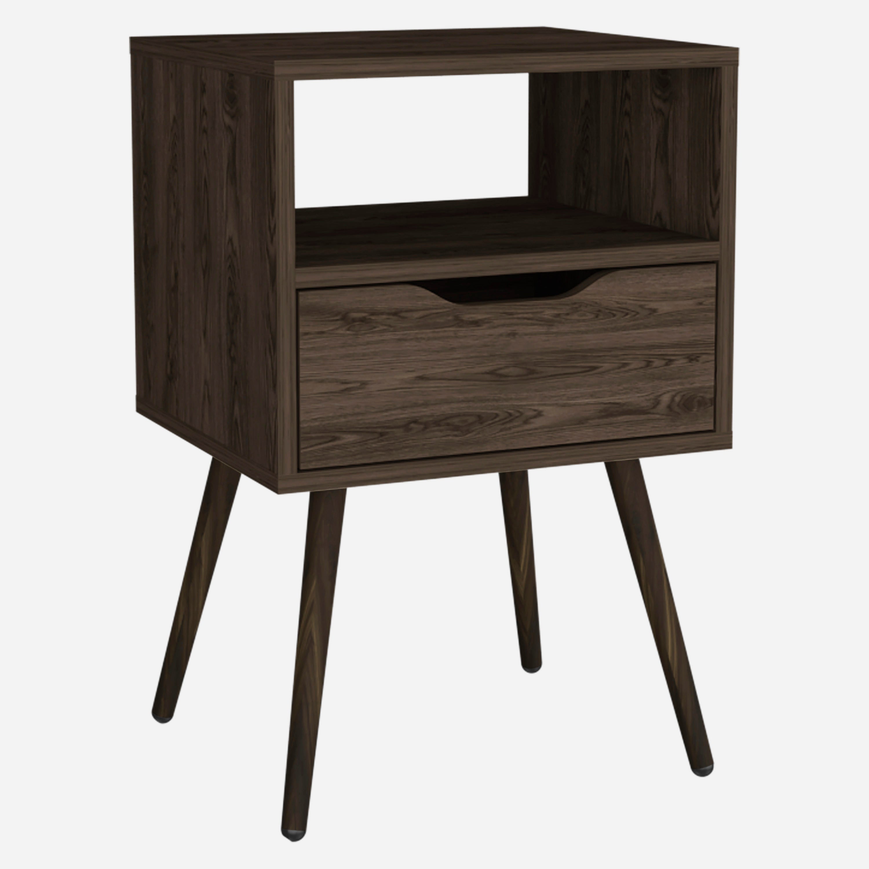 Nightstand  Fugaz, Open Shelf, Single Drawer, Dark Walnut Finish