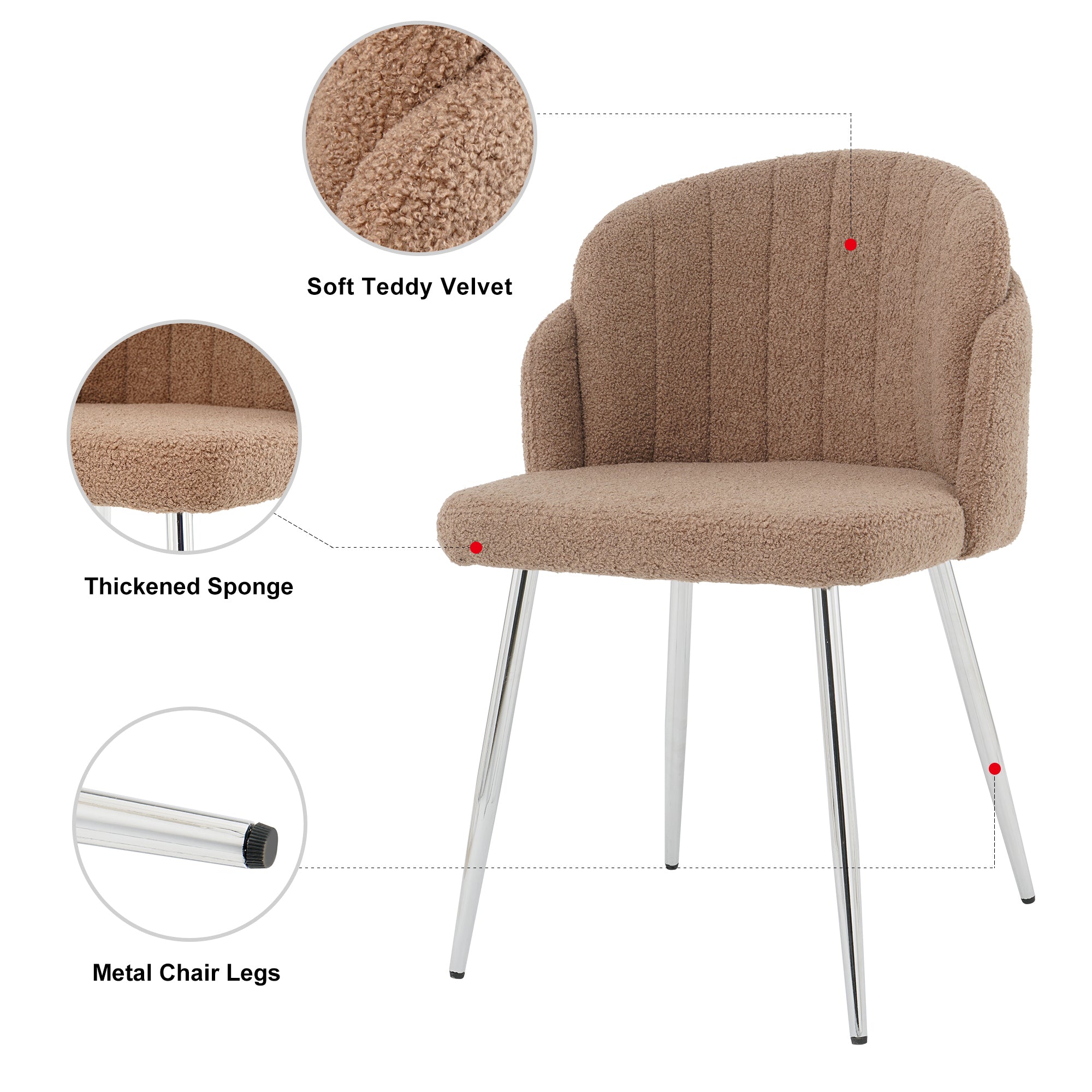 Modern simple brown teddy fleece dining chair Fabric Upholstered Chairs home bedroom stool back dressing chair chrome metal legs(set of 2)