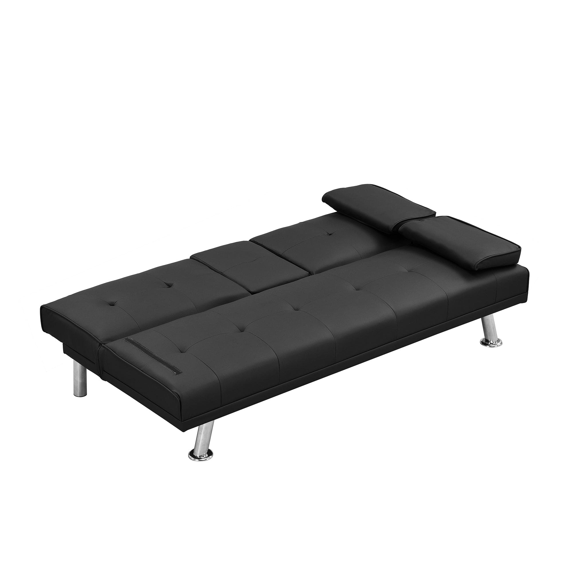 sofa bed with Armrest two holders  WOOD FRAME, STAINLESS LEG, FUTON BLACK  PVC