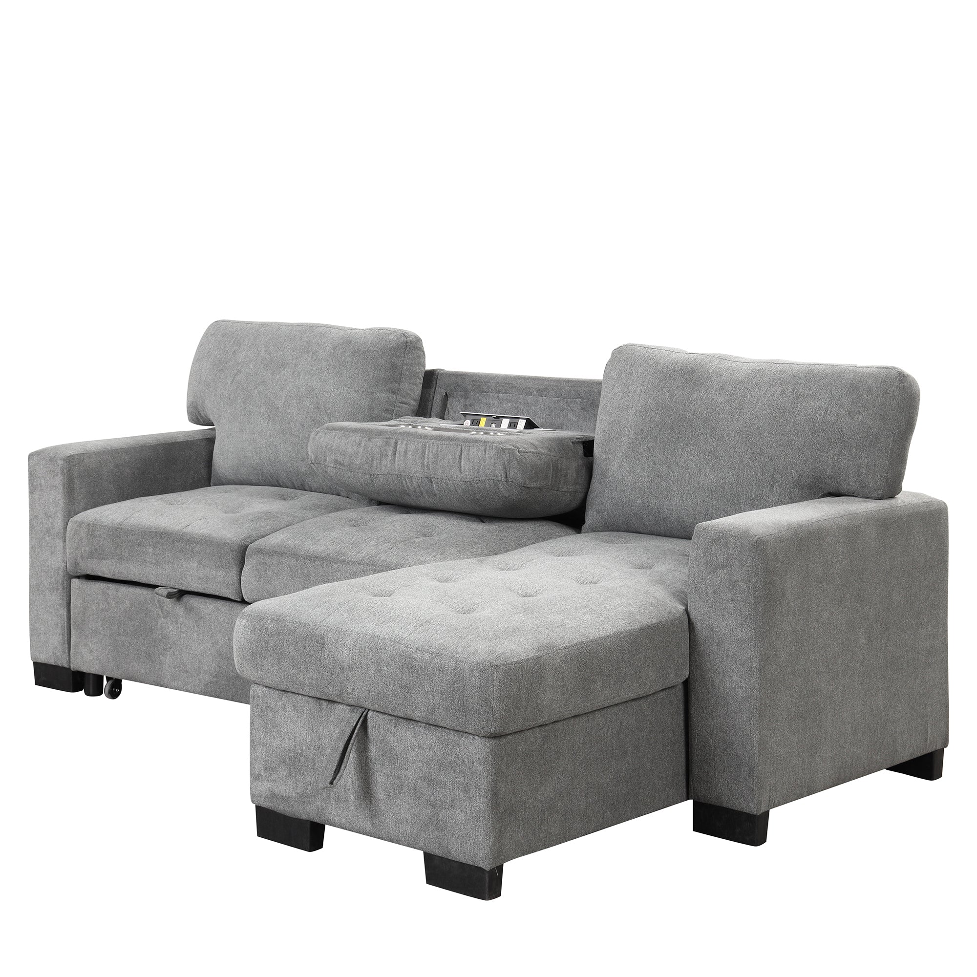 Stylish and Functional Light Chaise Lounge Sectional with Storage Rack Pull-out Bed Drop Down Table  and USB Charger Gray