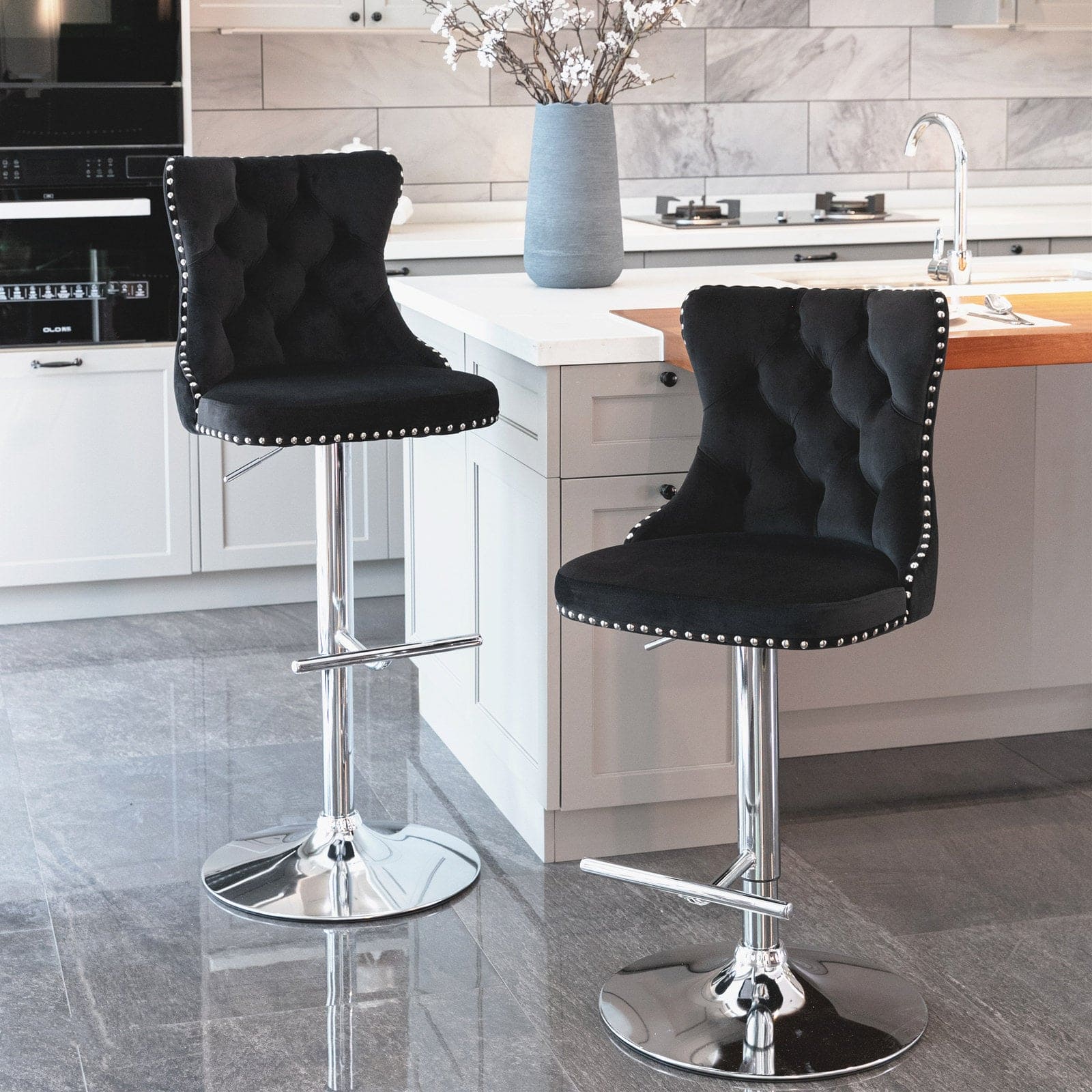 A&A Furniture,Swivel Velvet Barstools Black,Set of 2