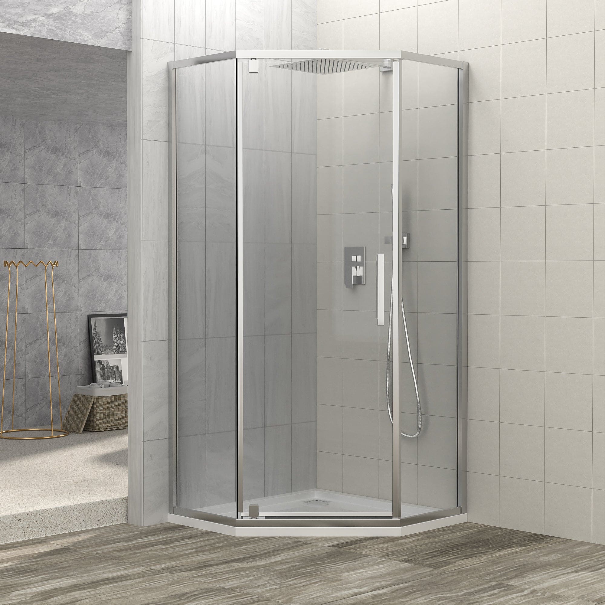 Shower Door 34-1/8" x 72" Semi-Frameless Neo-Angle Hinged Shower Enclosure, Chrome