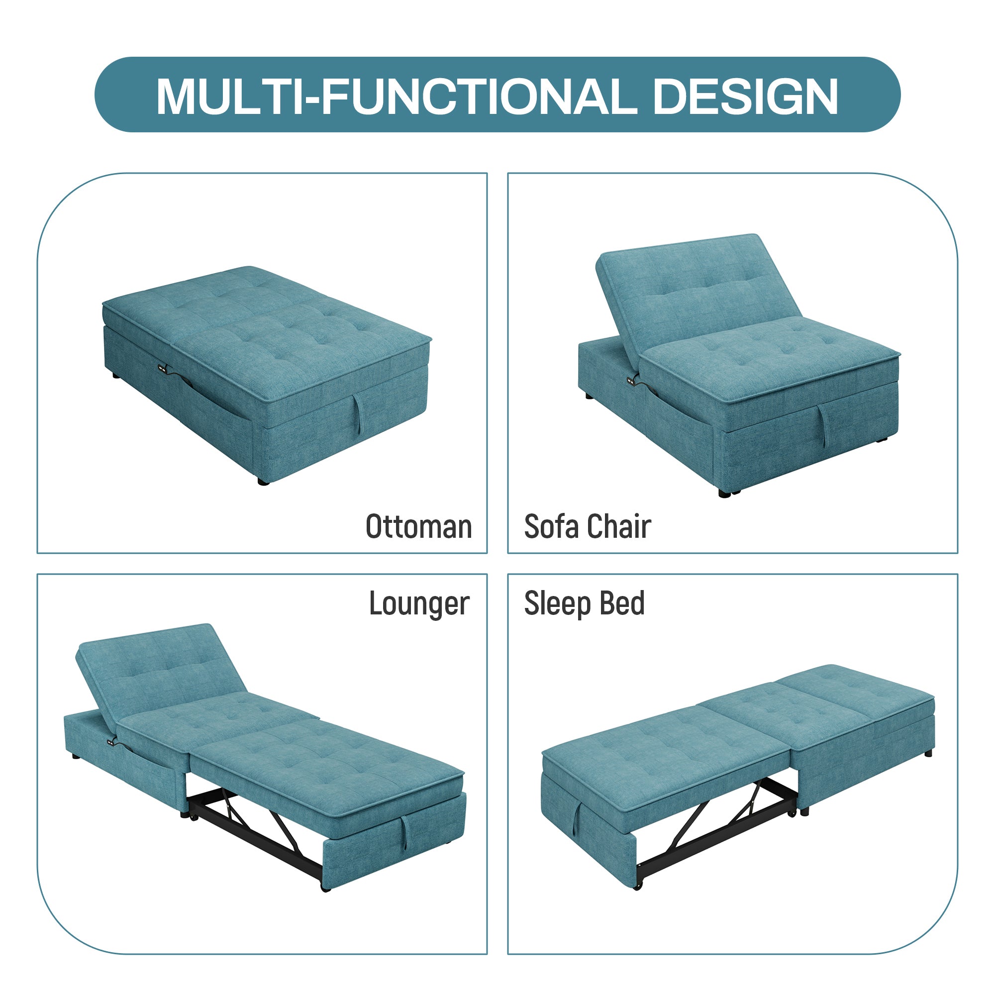 4-in-1 Sofa Bed, Chair Bed, Multi-Function Folding Ottoman Bed with Storage Pocket and USB Port for Small Room Apartment,Living Room,Bedroom,Hallway, Teal