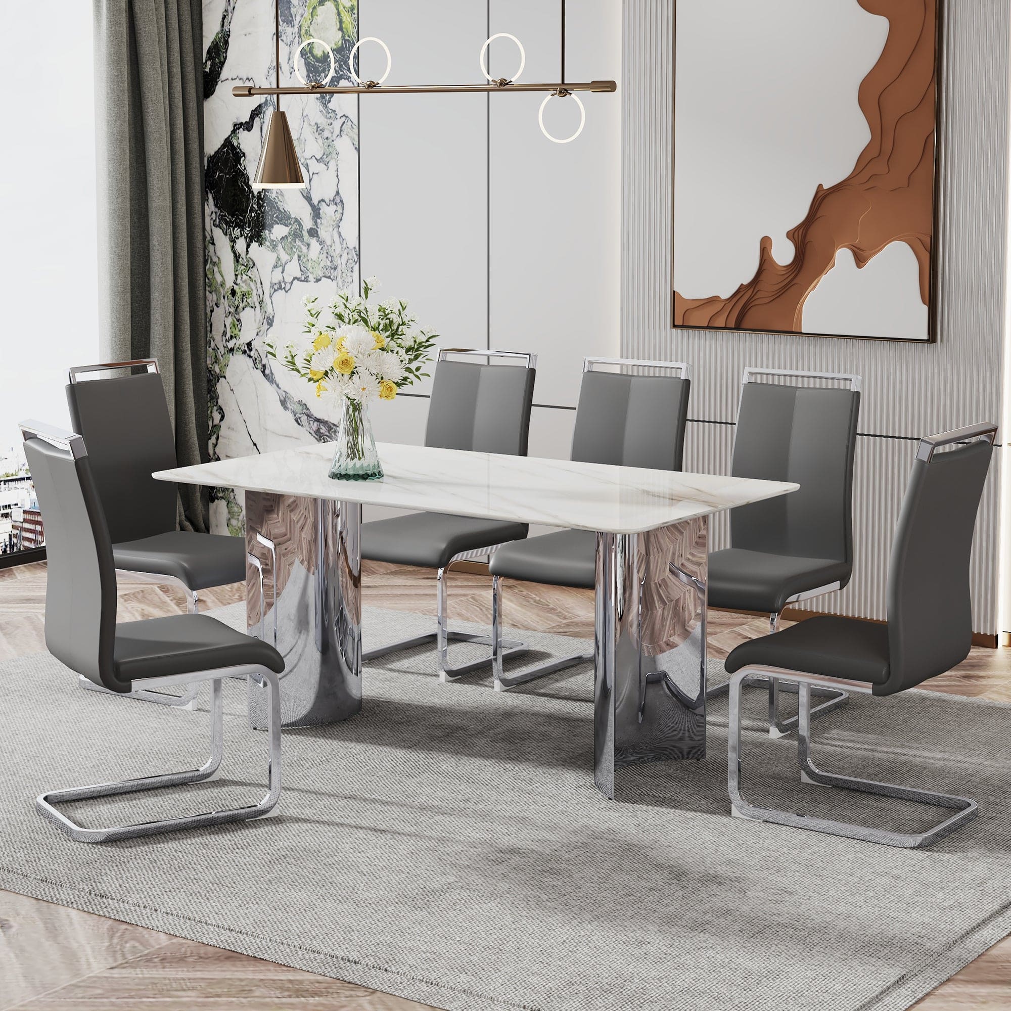 Modern minimalist dining table. White imitation marble glass sticker desktop, stainless steel legs, stable and beautiful. Suitable for living room and dining room  63" *35.4" *29.5"   DT-69