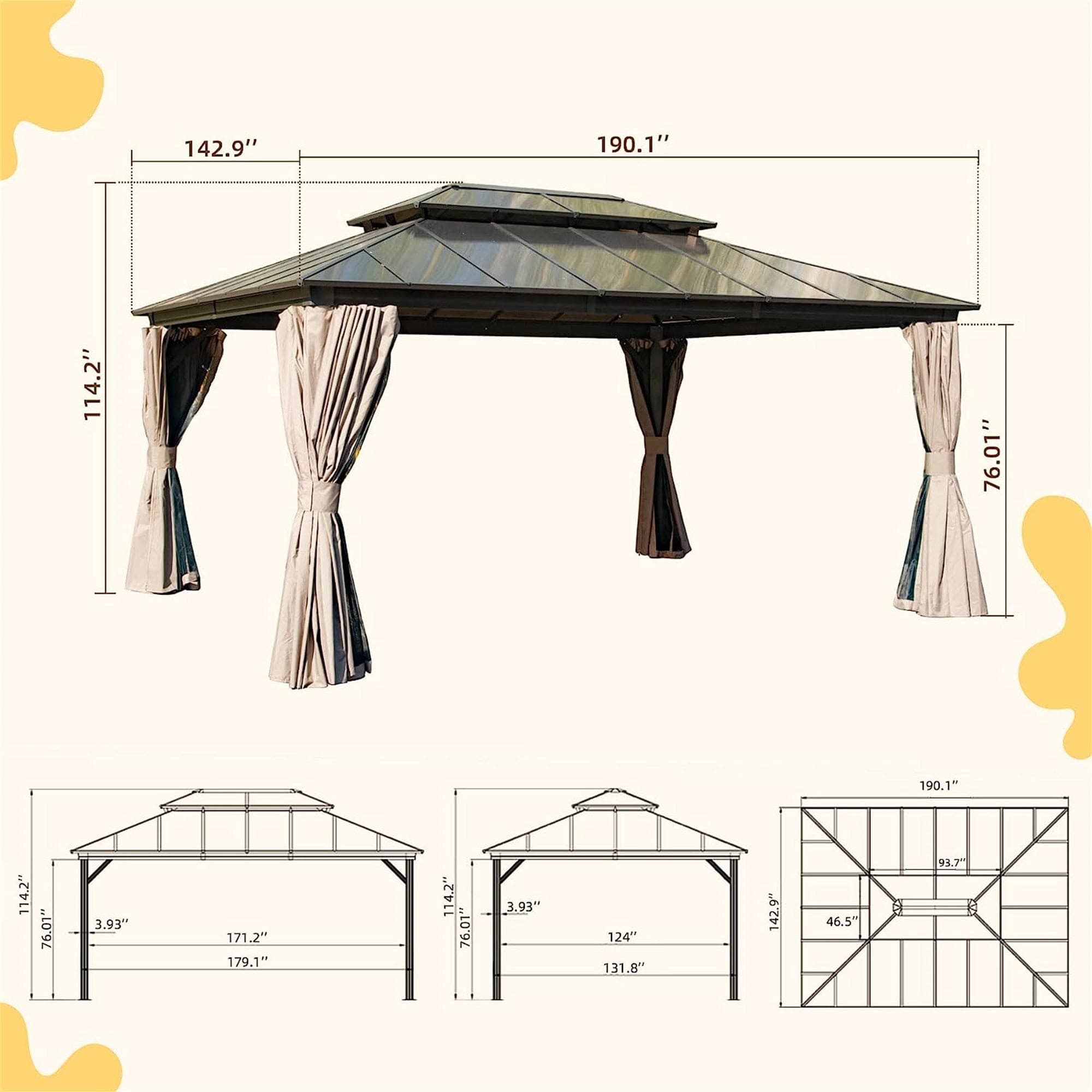 12x16ft Hardtop Gazebo, Permanent Outdoor Gazebo with Polycarbonate Double Roof, Aluminum Gazebo Pavilion with Curtain and Net for Garden, Patio, Lawns, Deck, Backyard, Wood Looking