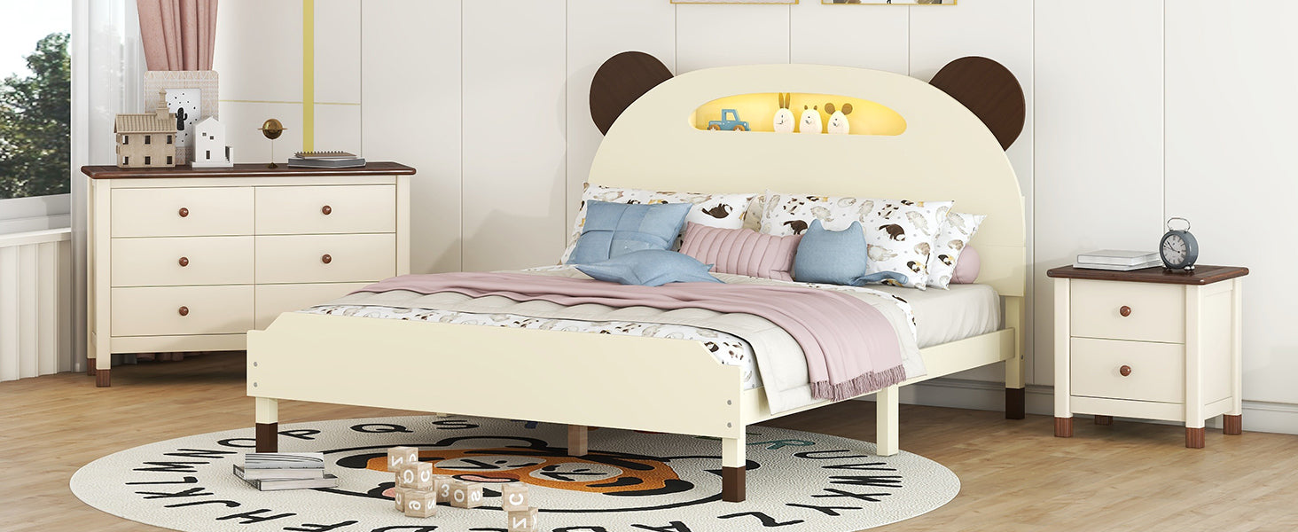 3-Pieces Bedroom Sets Full Size Bear-Shape Platform Bed with Nightstand and Storage dresser,Cream+Walnut