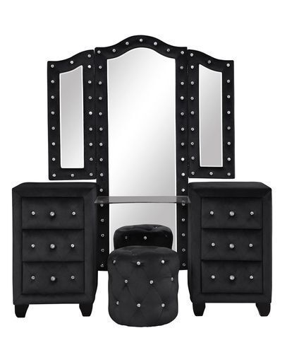 Sophia Queen 4 Pc Vanity Upholstery Bedroom Set Made With Wood in Black