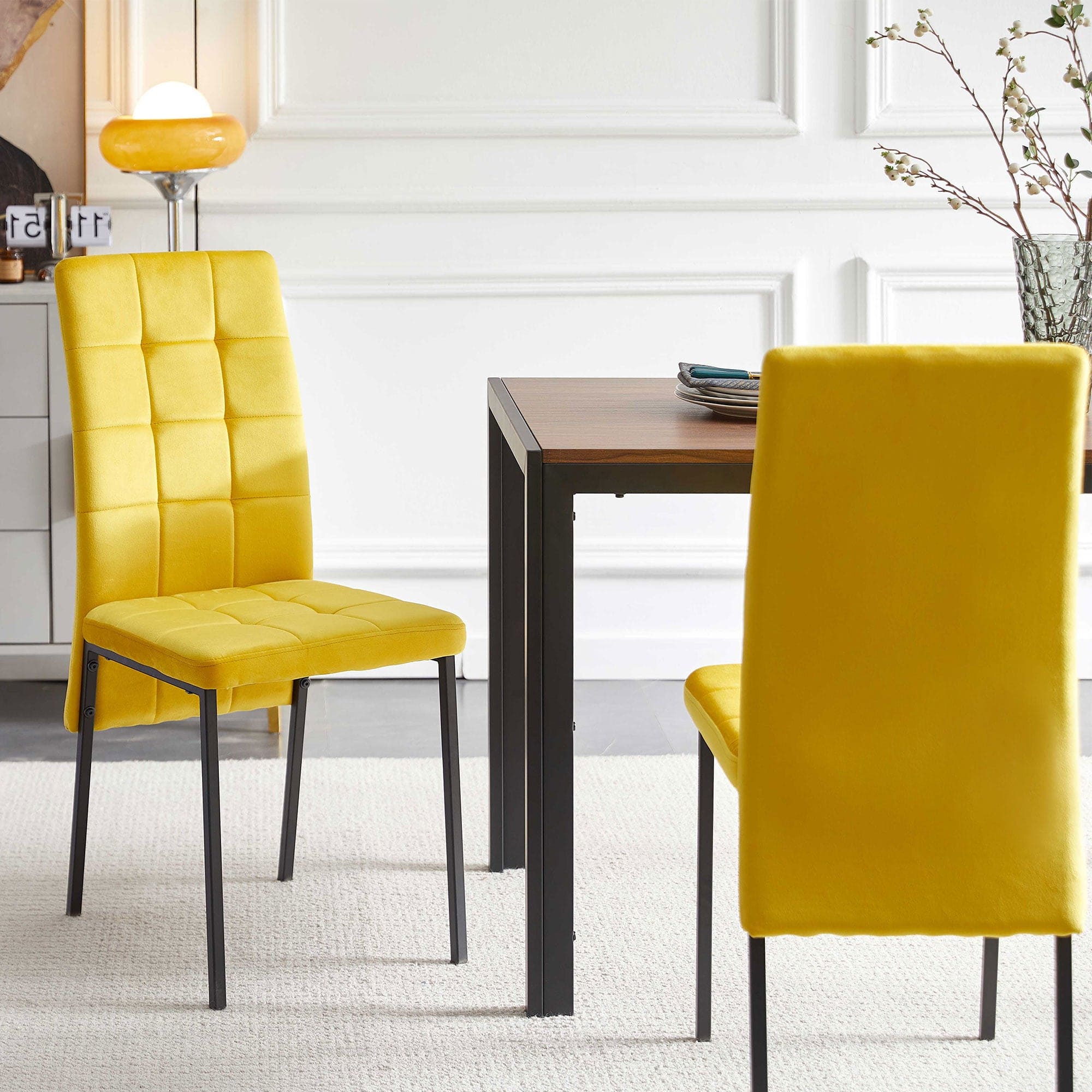 Yellow Velvet High Back Nordic Dining Chair Modern Fabric Chair with Black Legs, Set Of 2