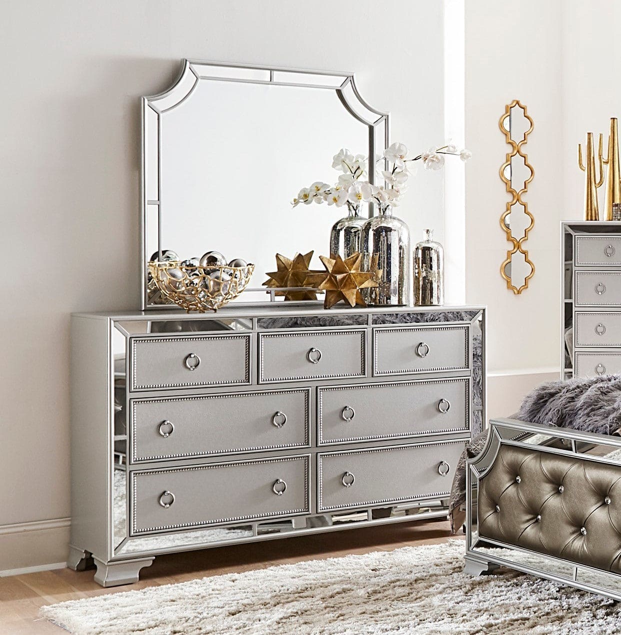 Glamorous Silver Finish Dresser 1pc 7 Drawers Beveled Mirror Trim Modern Bedroom Furniture