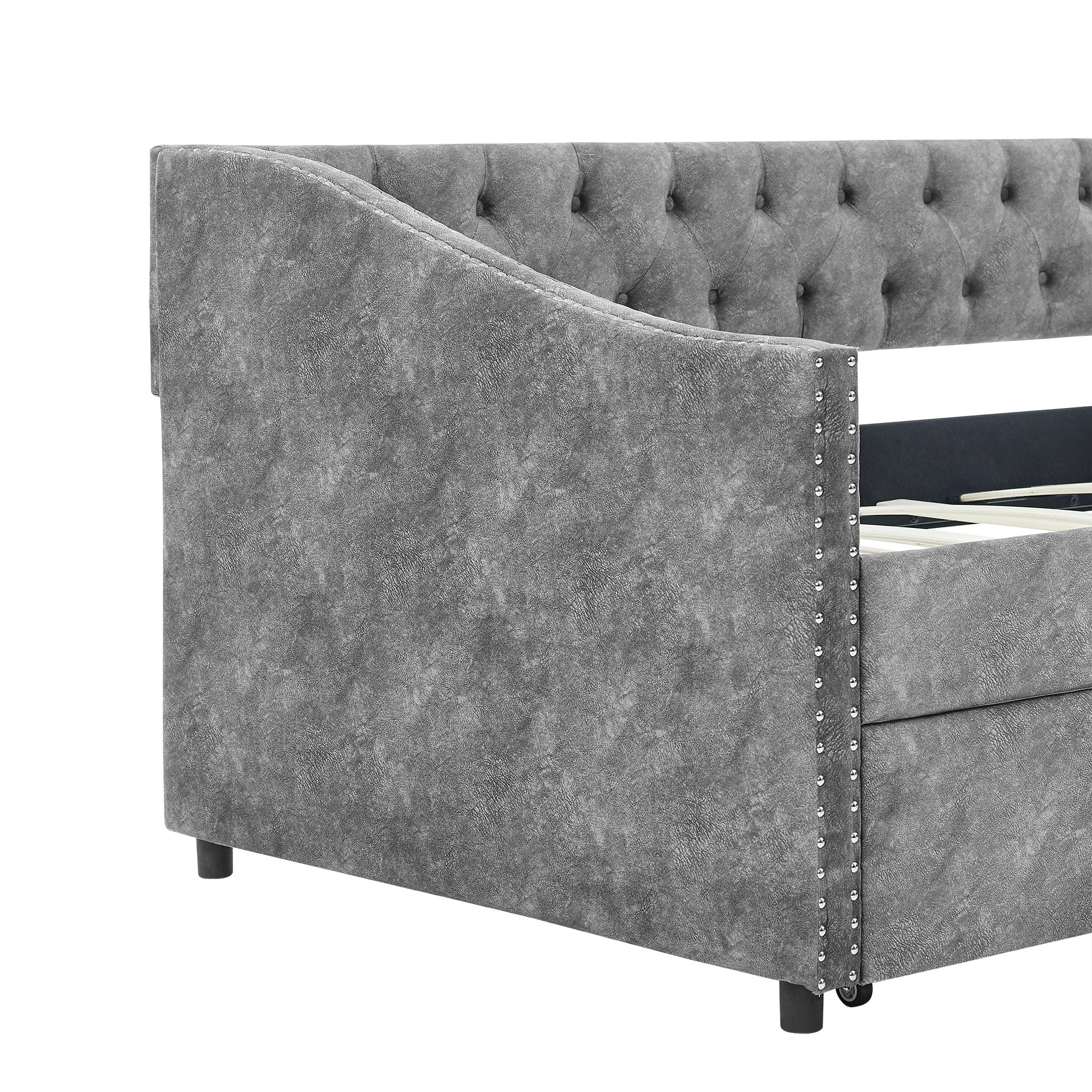 Twin Size Daybed with Drawers Upholstered Tufted Sofa Bed, with Button on Back and Copper Nail on Waved Shape Arms, Grey  (81.5''x4''x30.5'')