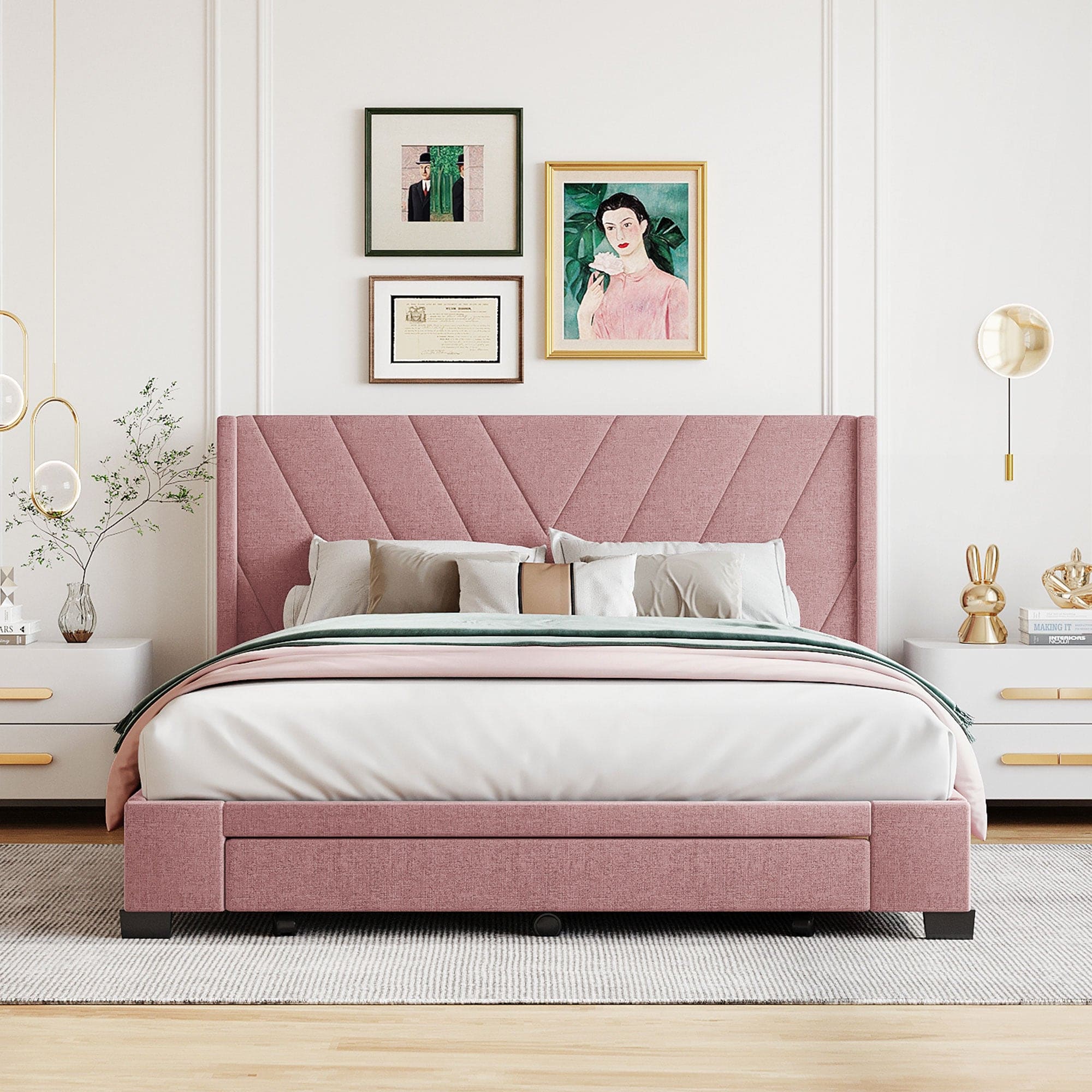 Queen Size Storage Bed Linen Upholstered Platform Bed with 3 Drawers (Pink)