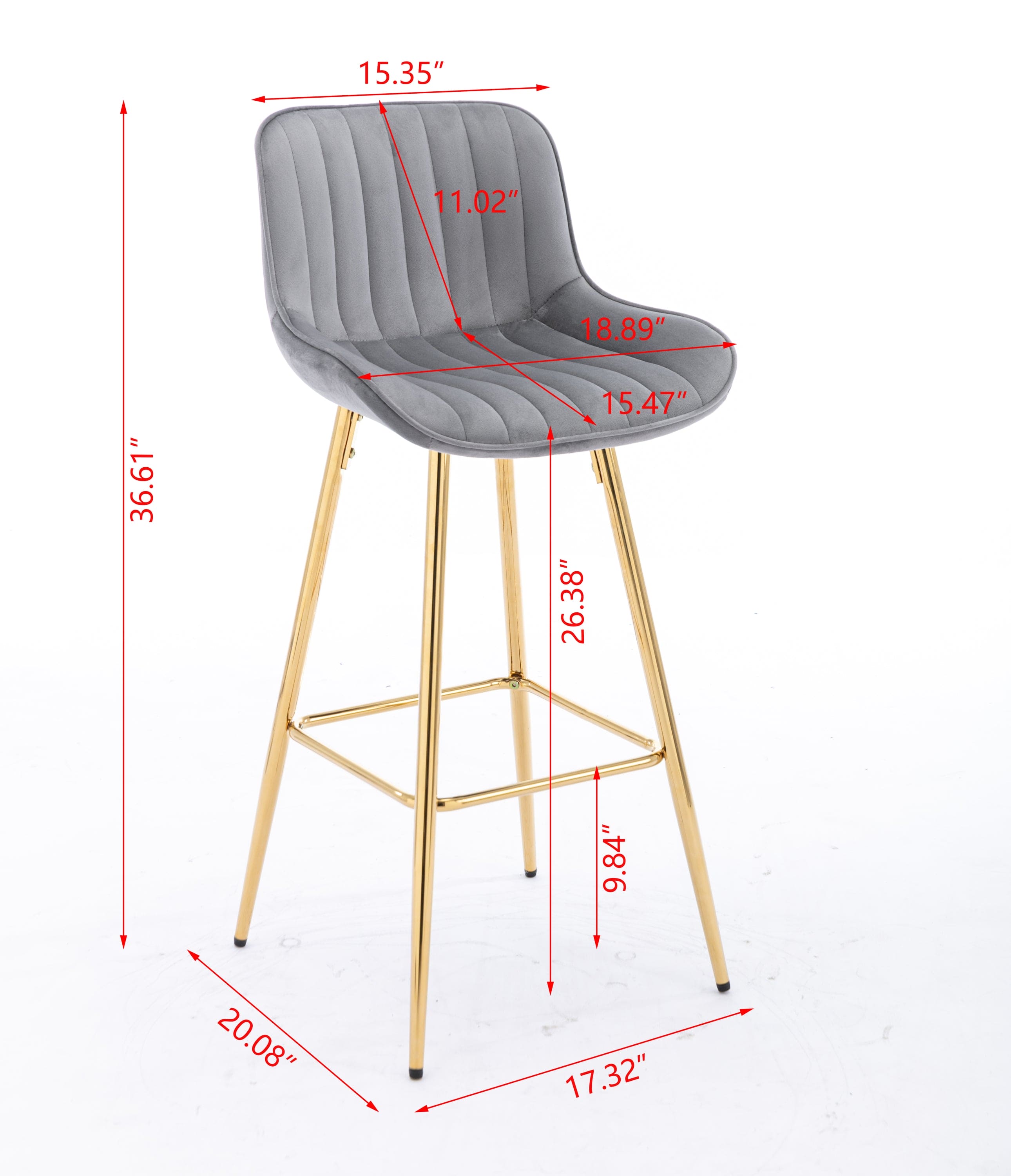 26 Inch Set of 2 Bar Stools,with Chrome Footrest Velvet Fabric Counter Stool Golden Leg Simple Bar Stool,GRAY