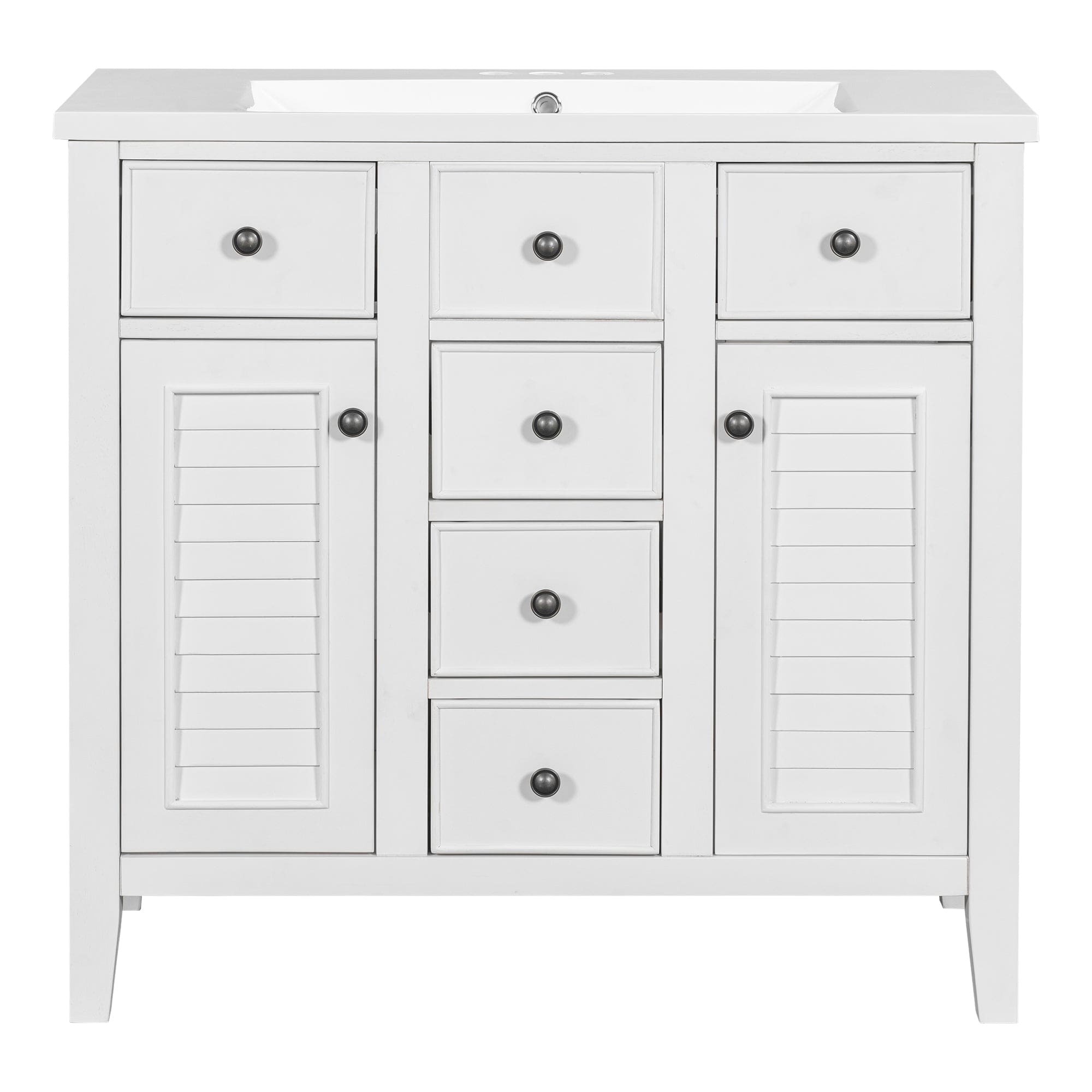 36" Bathroom Vanity with Ceramic Basin, Two Cabinets and Five Drawers, Solid Wood Frame, White (OLD SKU: SY999202AAK)