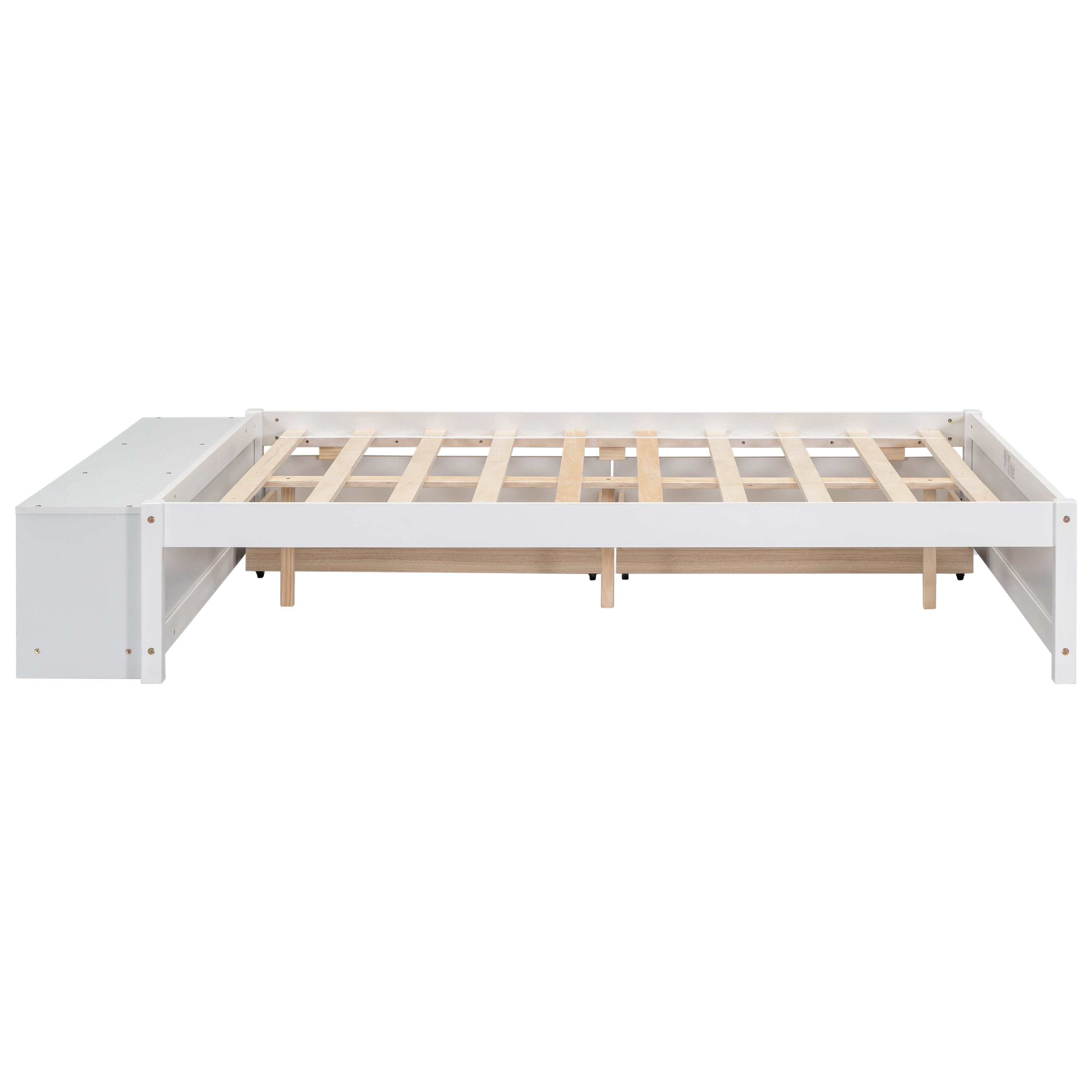 Full Size Bed with Storage Case, 2 Storage drawers, Lengthwise Support Slat,White