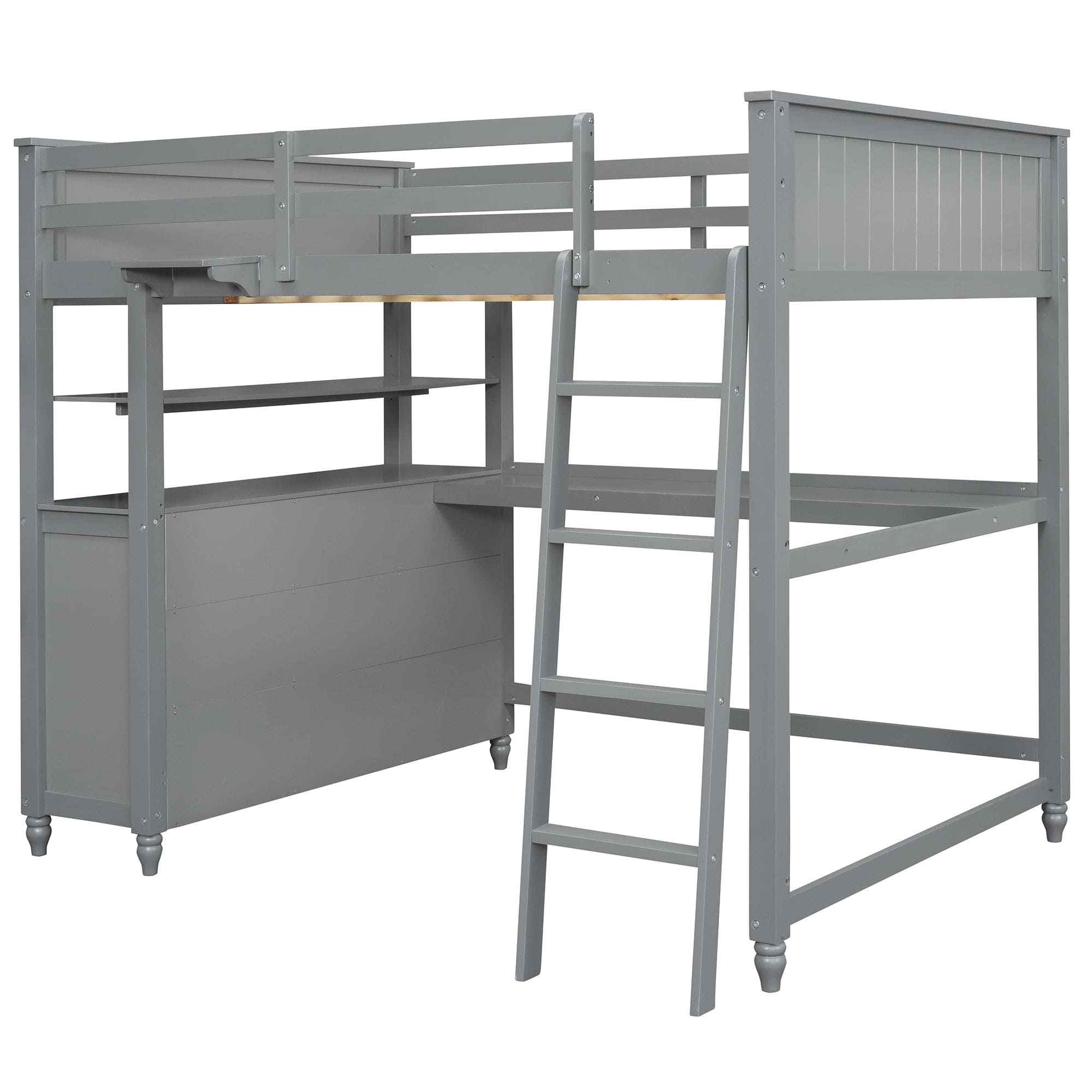 Full size Loft Bed with Drawers and Desk, Wooden Loft Bed with Shelves - Gray(OLD SKU:LT001529AAE)