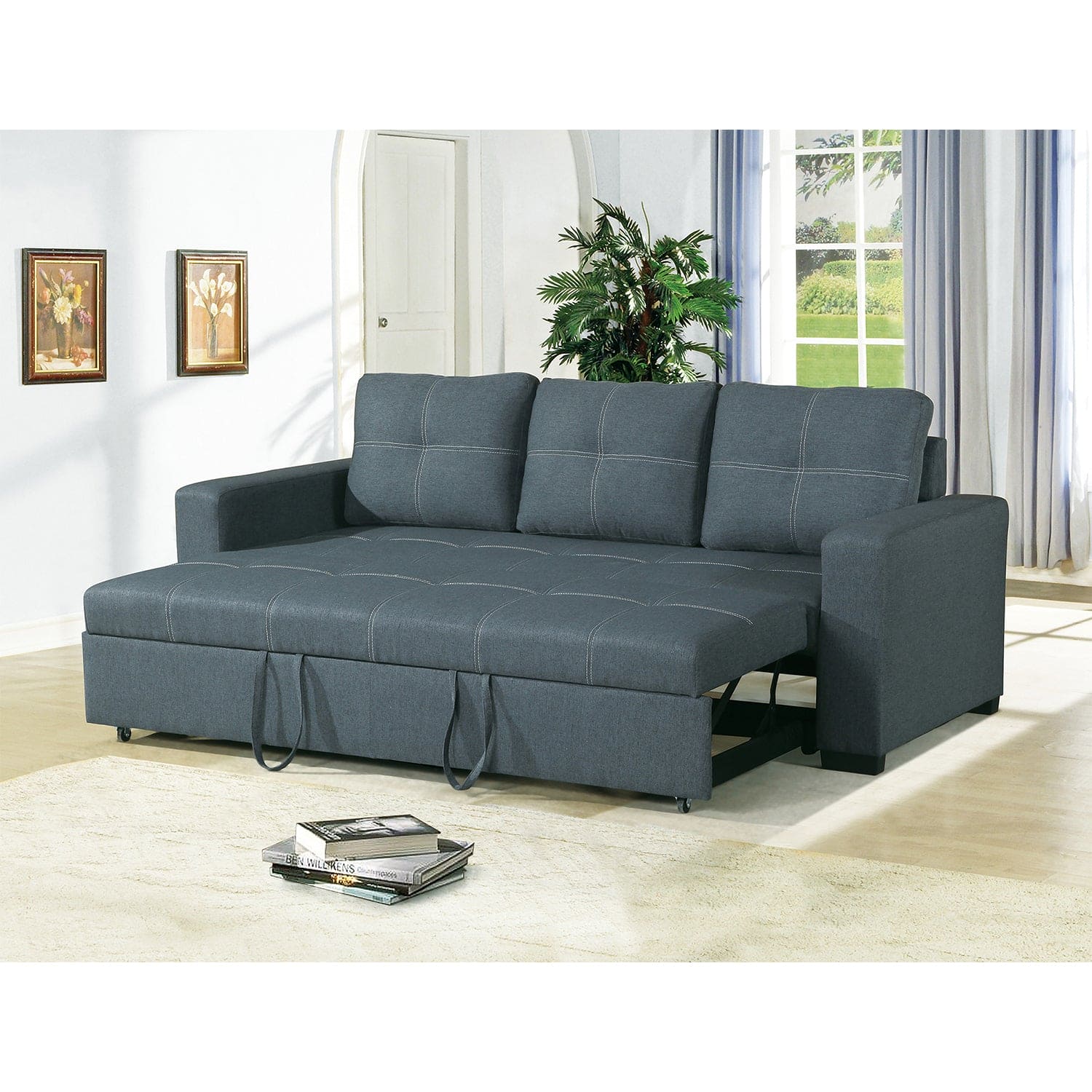 3 Seats Polyfiber Convertible Sleeper Sofa, Blue Grey