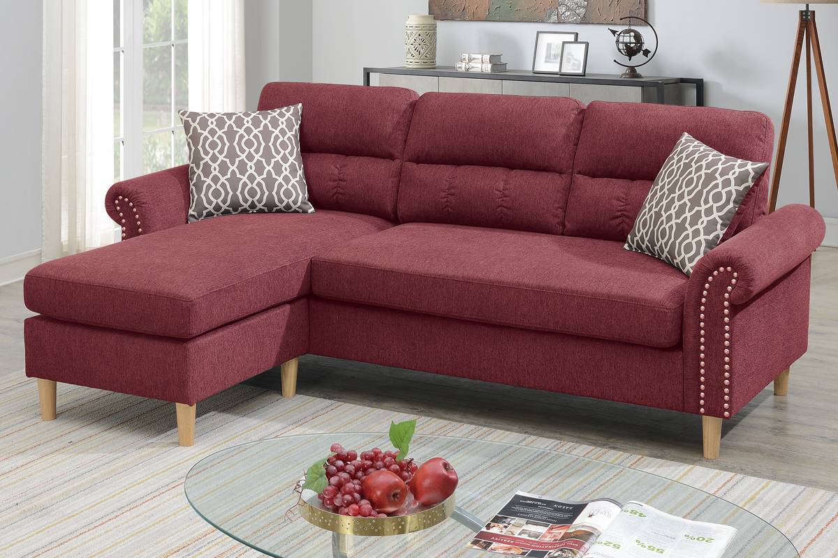 Paparika Red Color Polyfiber Reversible Sectional Sofa Set Chaise Pillows Plush Cushion Couch Nailheads