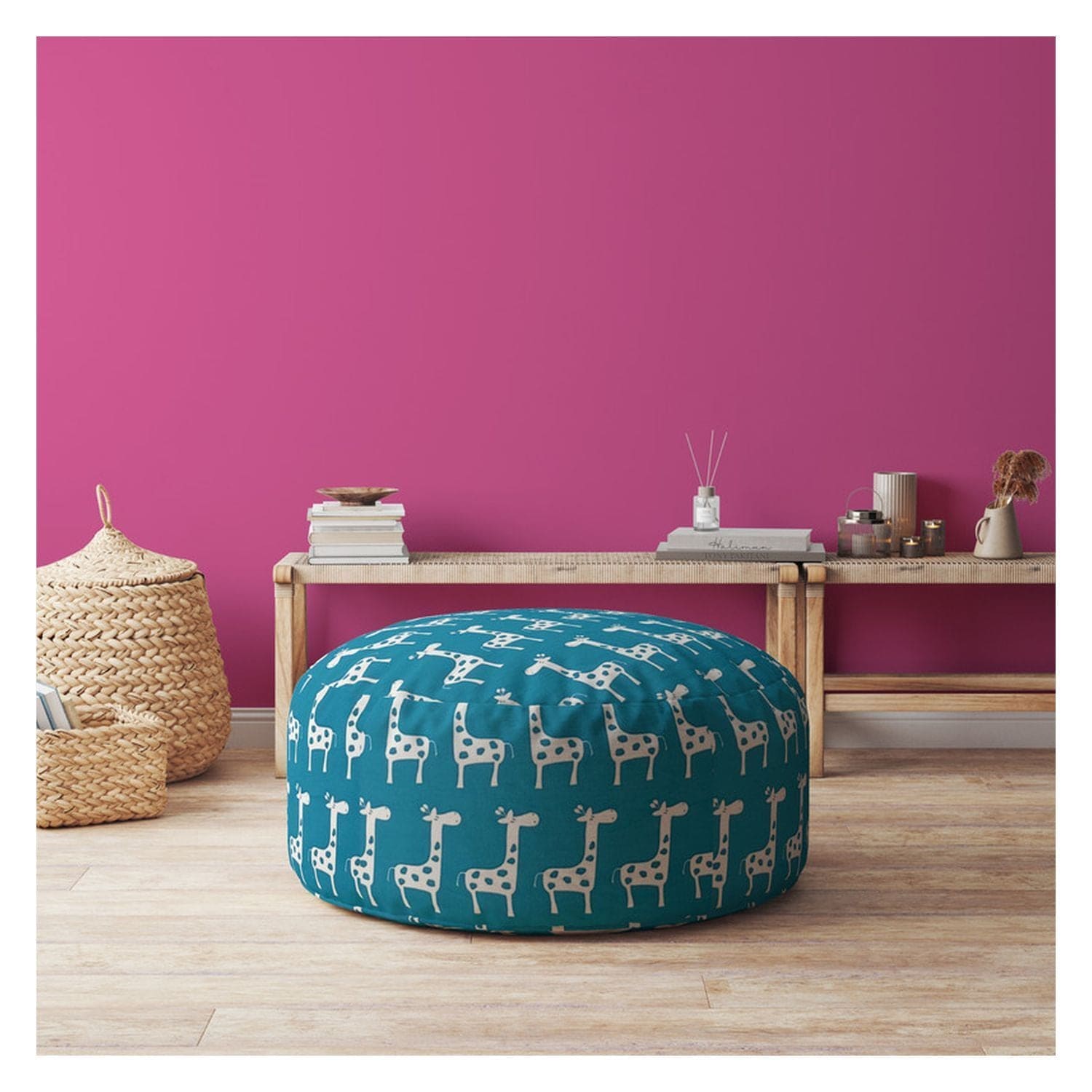 Indoor JENNI Bright Turquoise Round Zipper Pouf - Stuffed - Extra Beads Included! - 24in dia x 20in tall