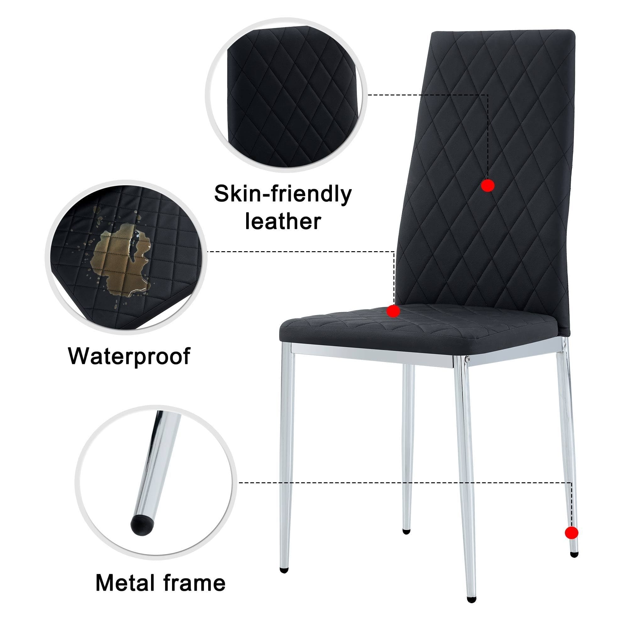 Checkered armless high back dining chair, 4-piece set, black chair and electroplated metal legs, office chair. Suitable for restaurants, living rooms, kitchens, and offices.W115162605  0924