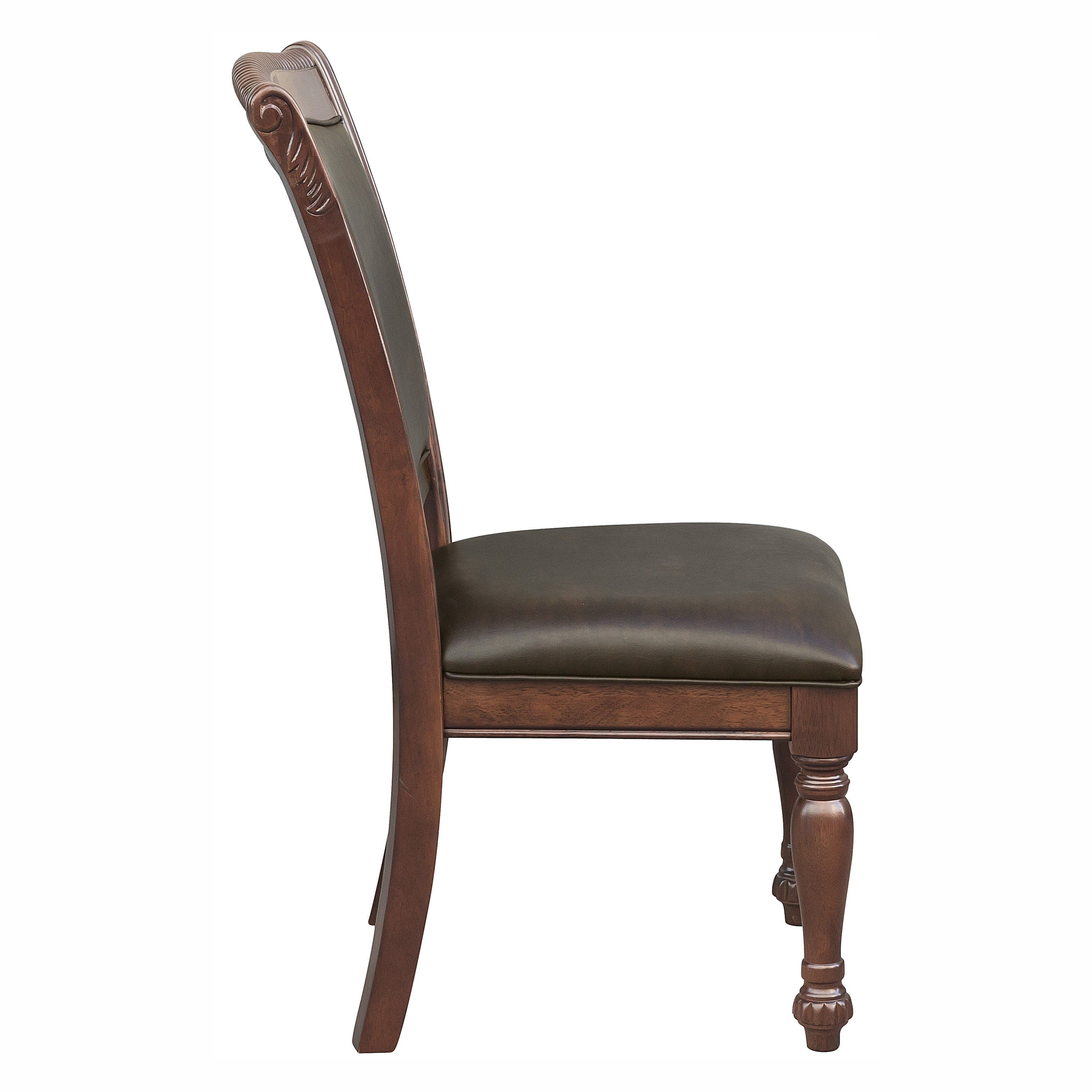 Traditional Dining Wooden Side Chairs Set of 2 Brown Cherry Finish Faux Leather Upholstery Home Furniture