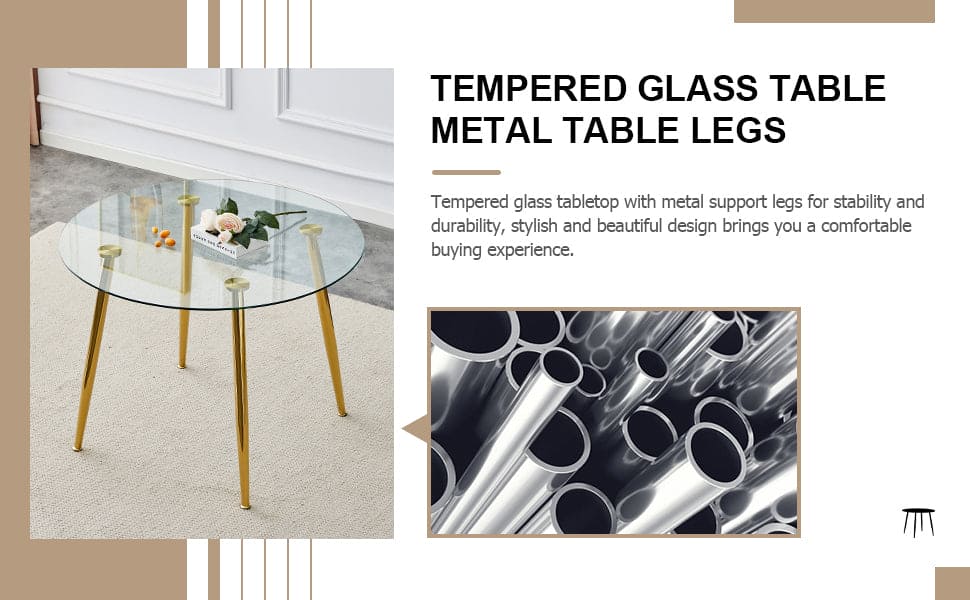 A glass tabletop with a diameter of 40 inches and a modern minimalist circular dining table with gold plated metal legs. 40 '* 40' * 30 ' DT-1164