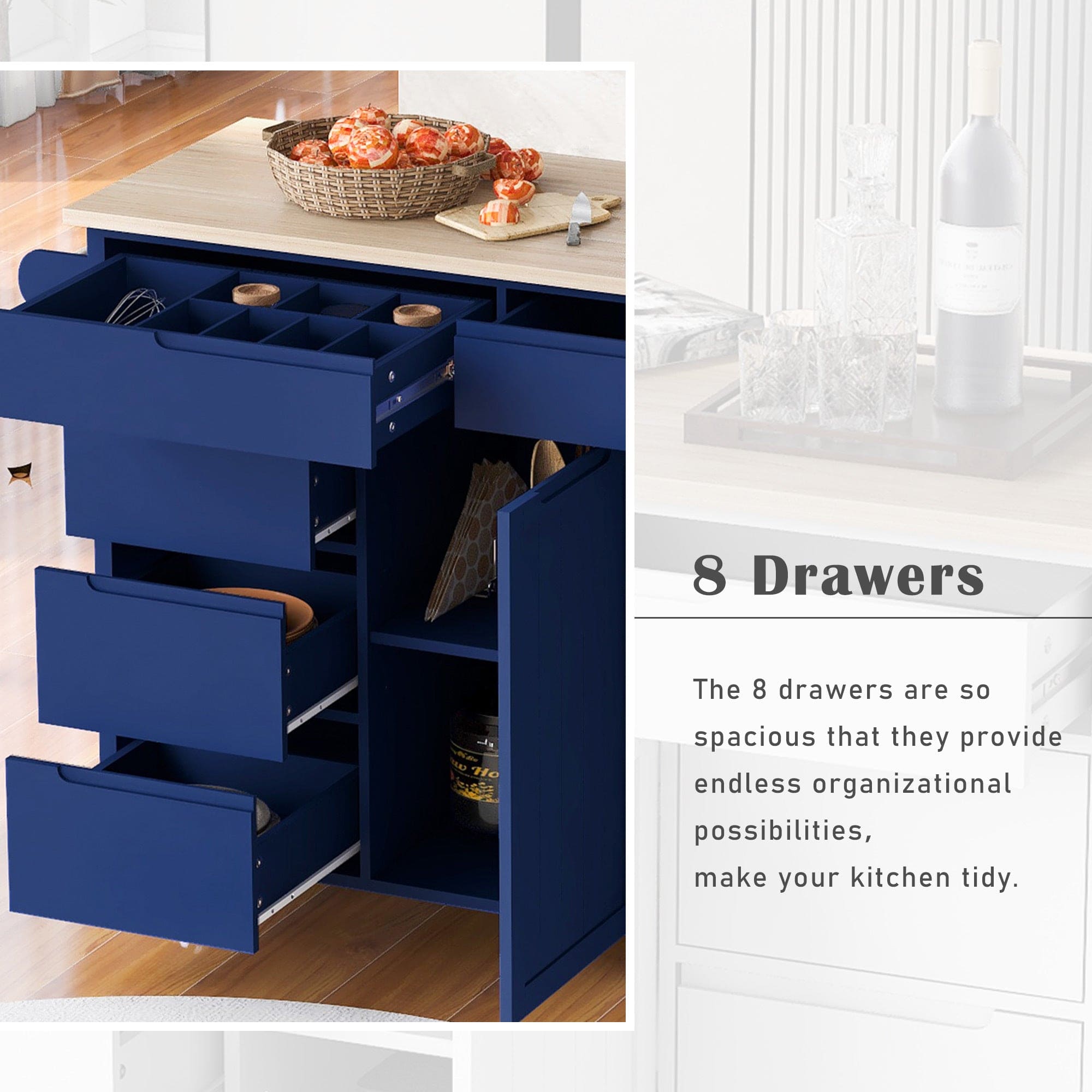 K&K Store Kitchen Cart with Rubber Wood Countertop , Kitchen Island has 8 Handle-Free Drawers Including a Flatware Organizer and 5 Wheels for Kitchen Dinning Room, Dark Blue