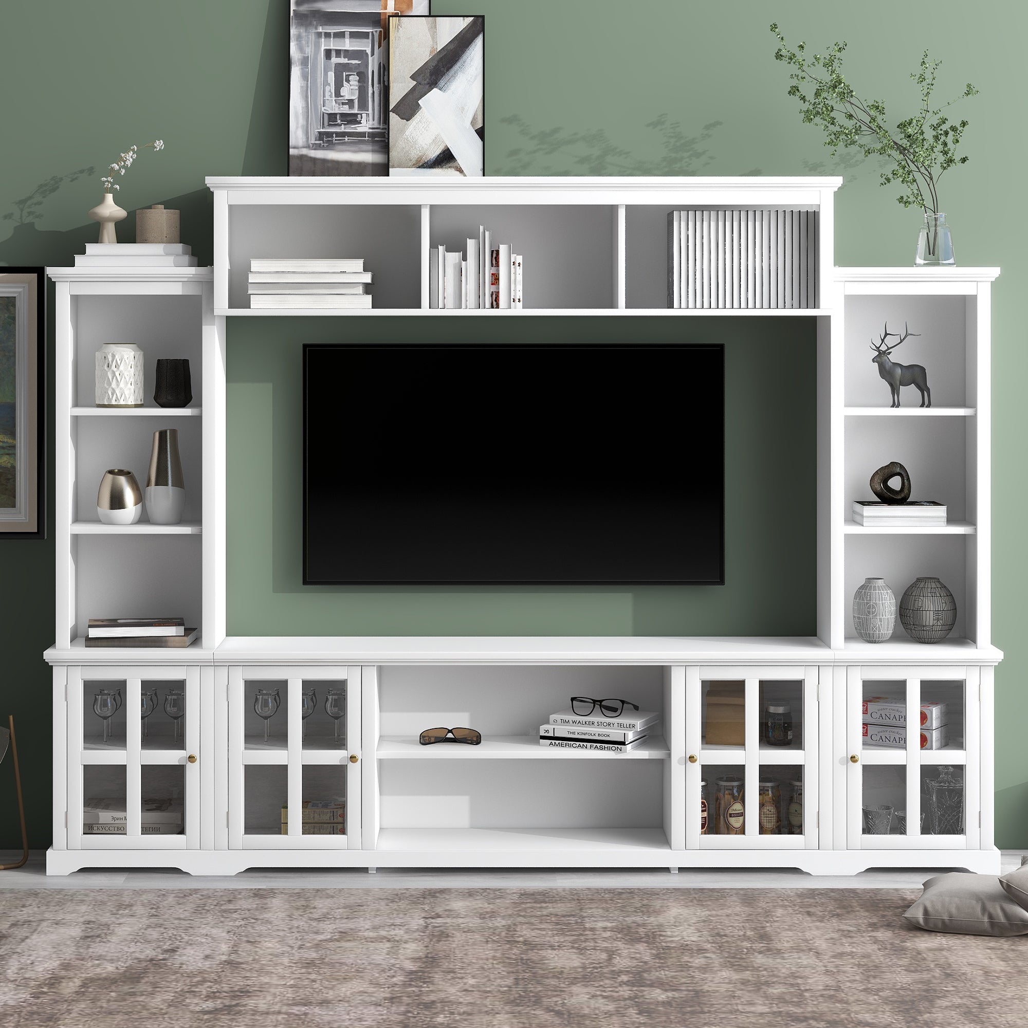 ON-TREND Minimalism Style Entertainment Wall Unit with Bridge, Modern TV Console Table for TVs Up to 70", Multifunctional TV Stand with Tempered Glass Door, White (Old SKU: SD000009AAK)